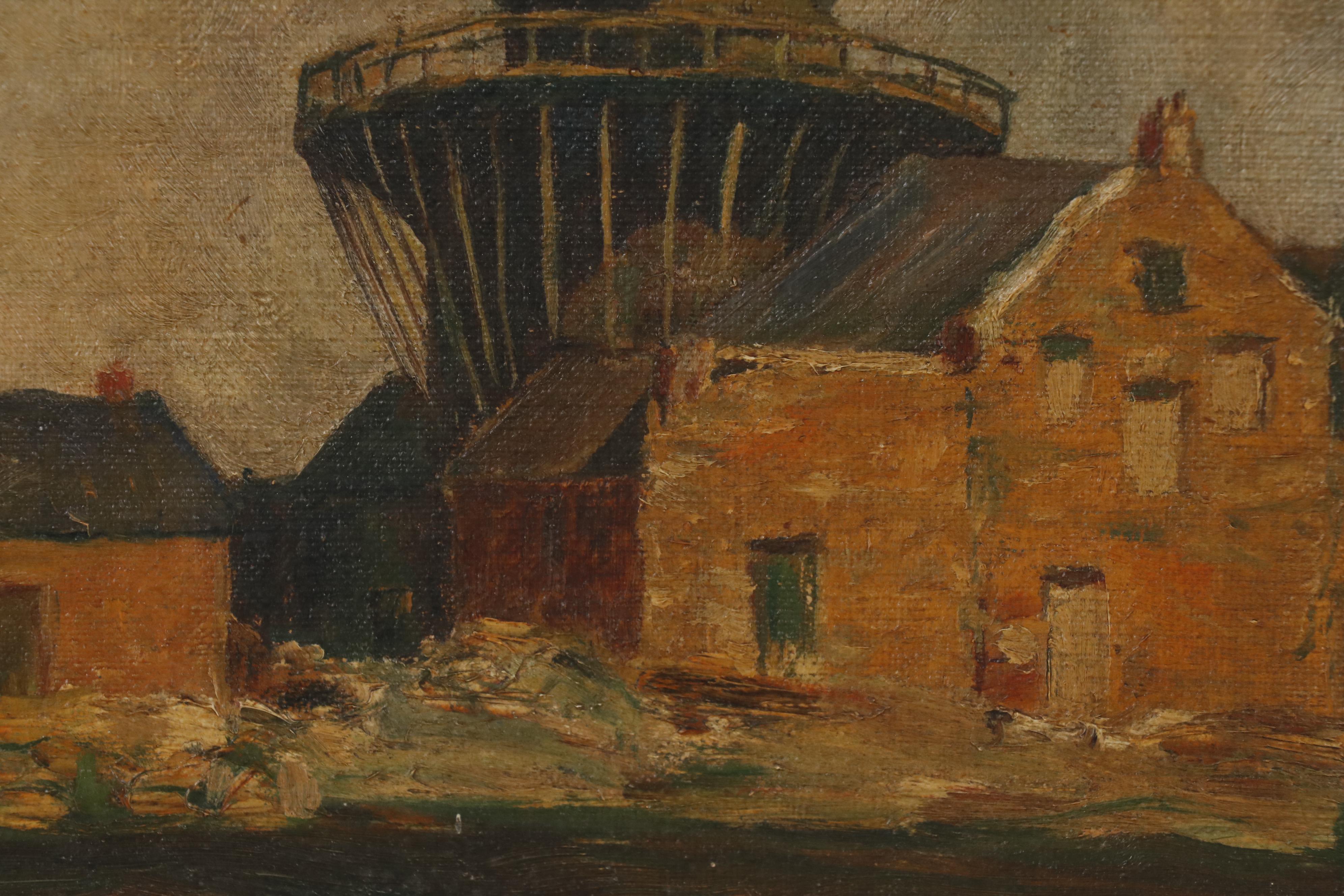 L. Becksmith Oil Painting of Coastal Village with Windmill