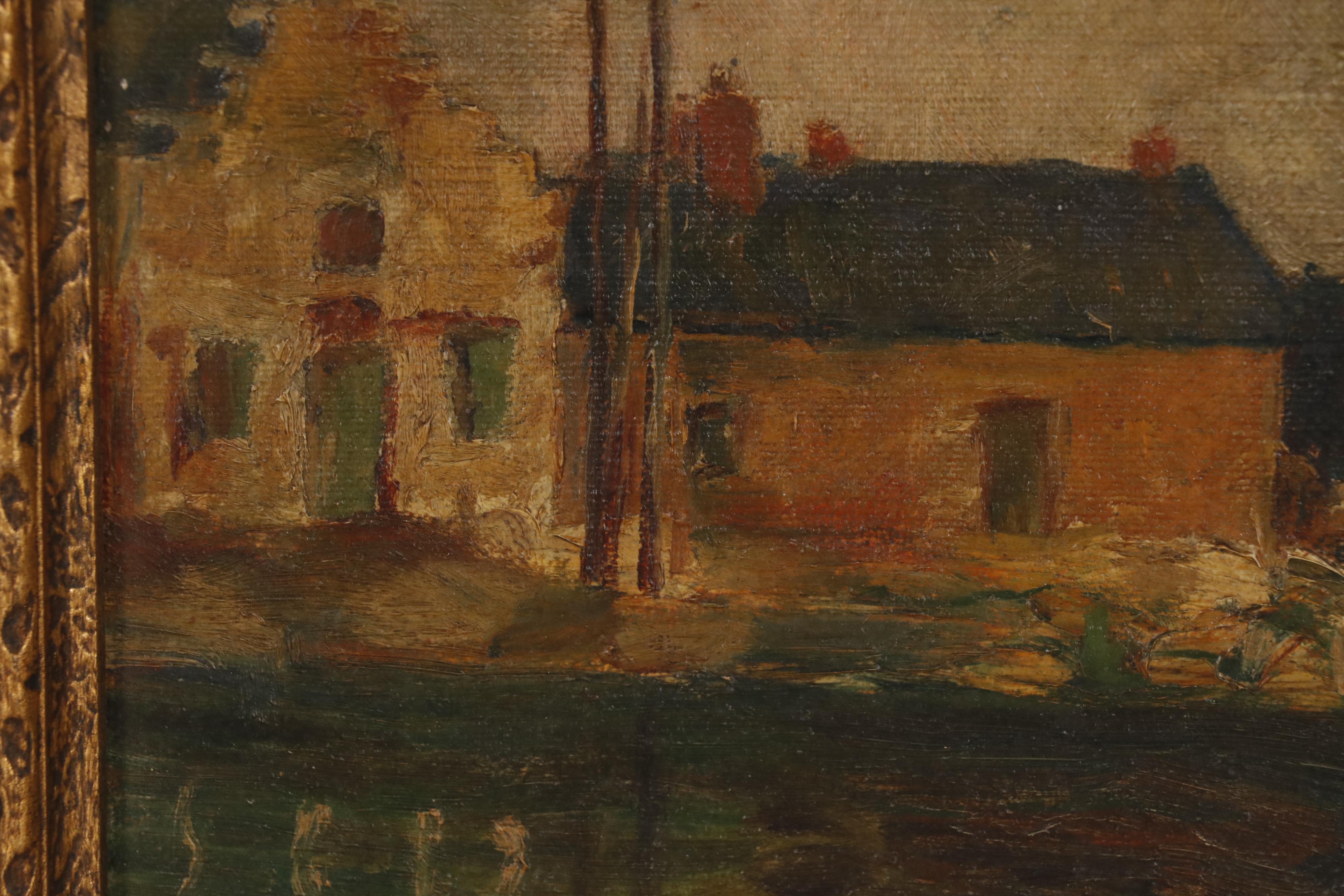 L. Becksmith Oil Painting of Coastal Village with Windmill