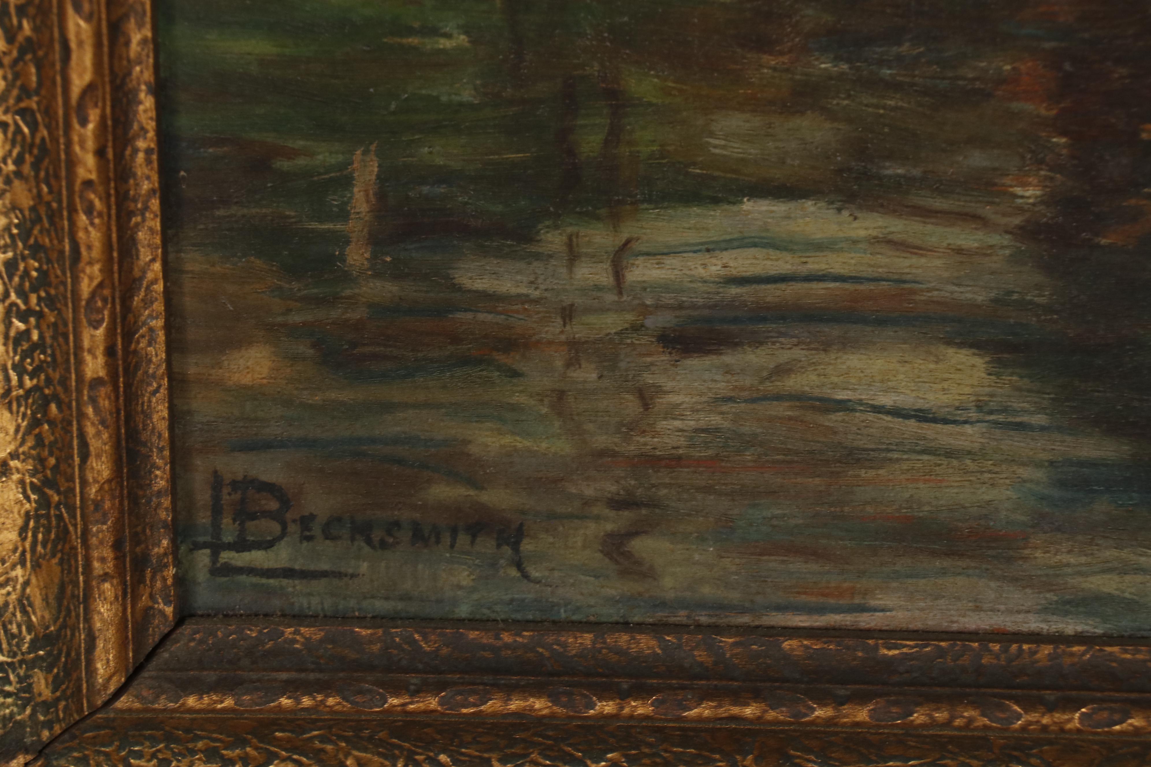 L. Becksmith Oil Painting of Coastal Village with Windmill