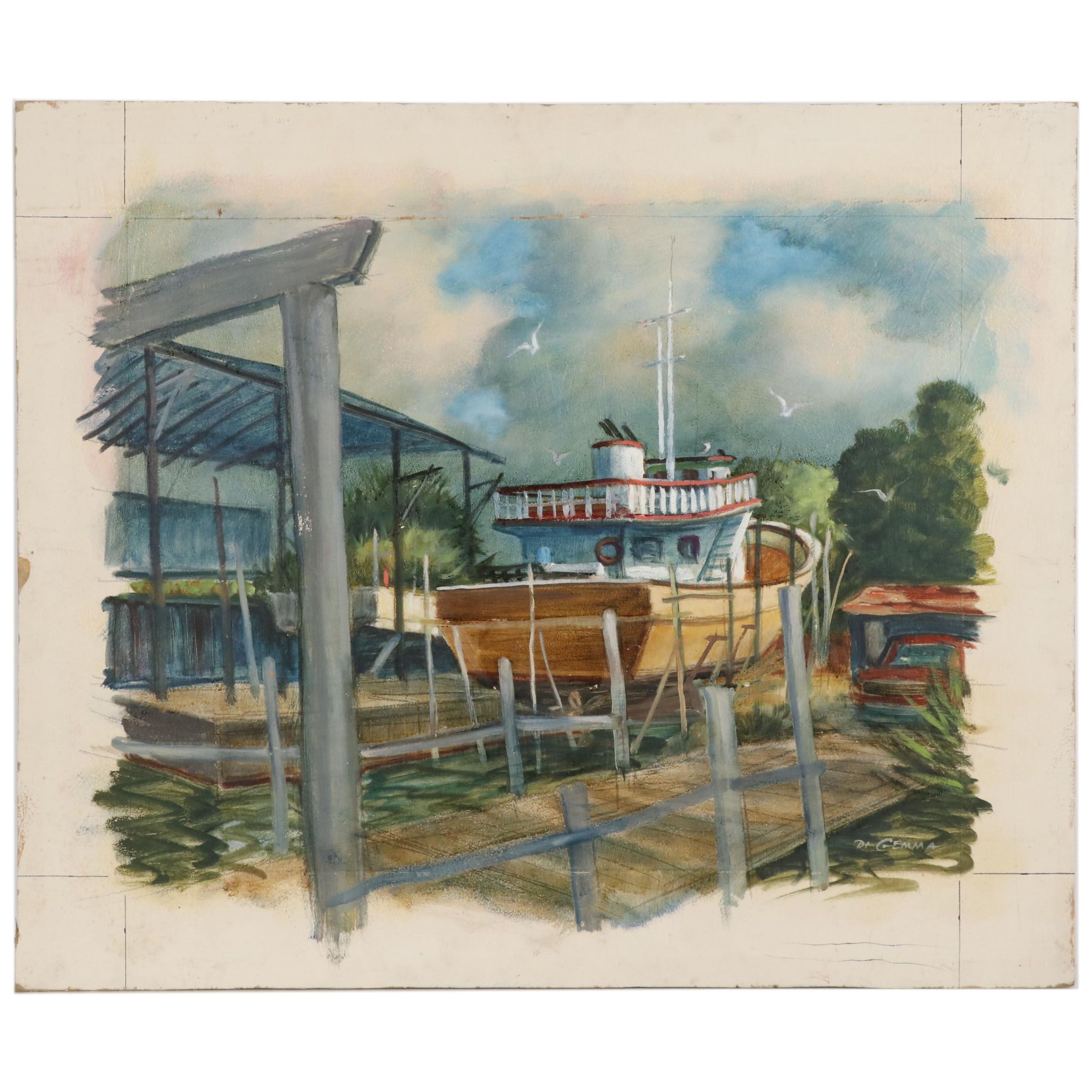 Joseph Di Gemma Oil Painting "Ponce Inlet, Boat Yard, Florida"