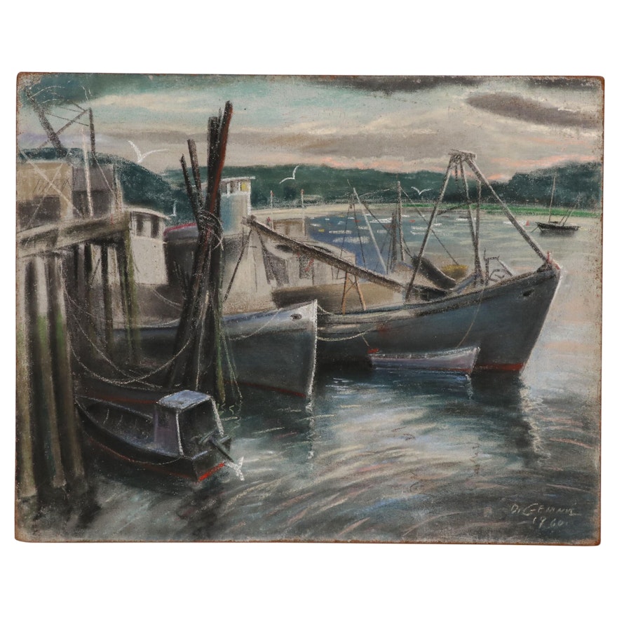 Joseph Di Gemma Mixed Media Drawing of Harbor Scene