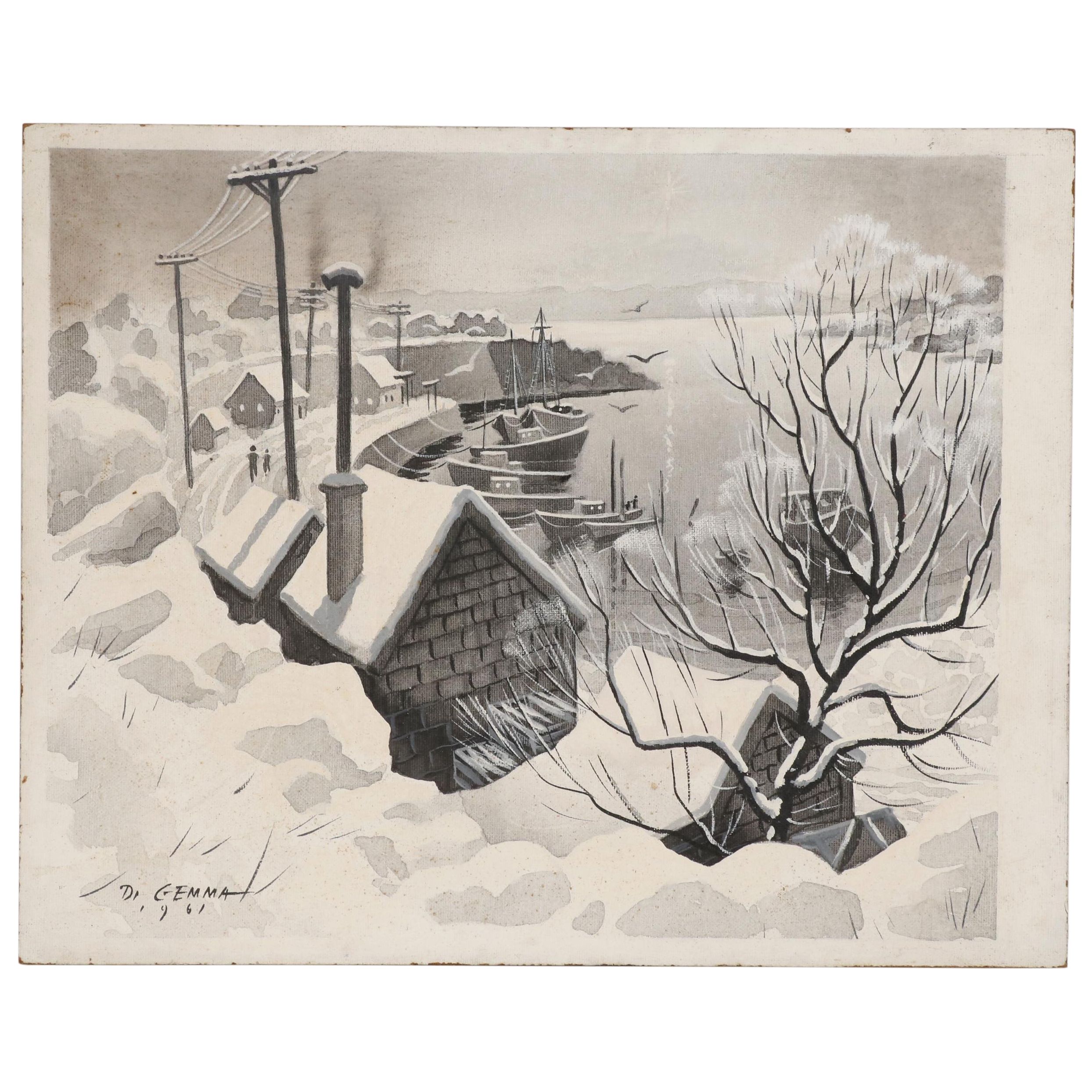 Joseph Di Gemma Grisaille Caseine Painting of Harbor Scene in Winter