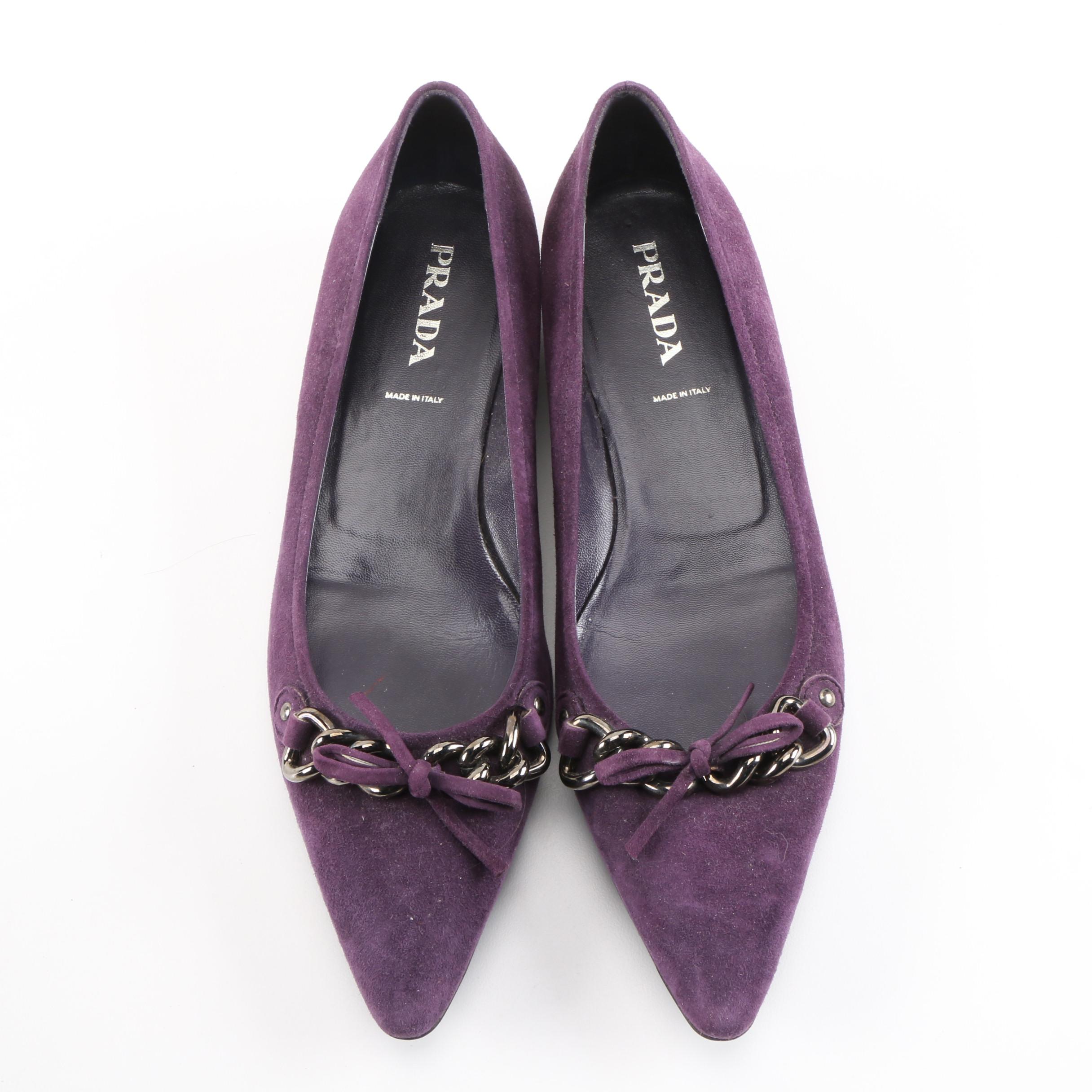 Prada Aubergine Suede Flats with Bow and Chain Link