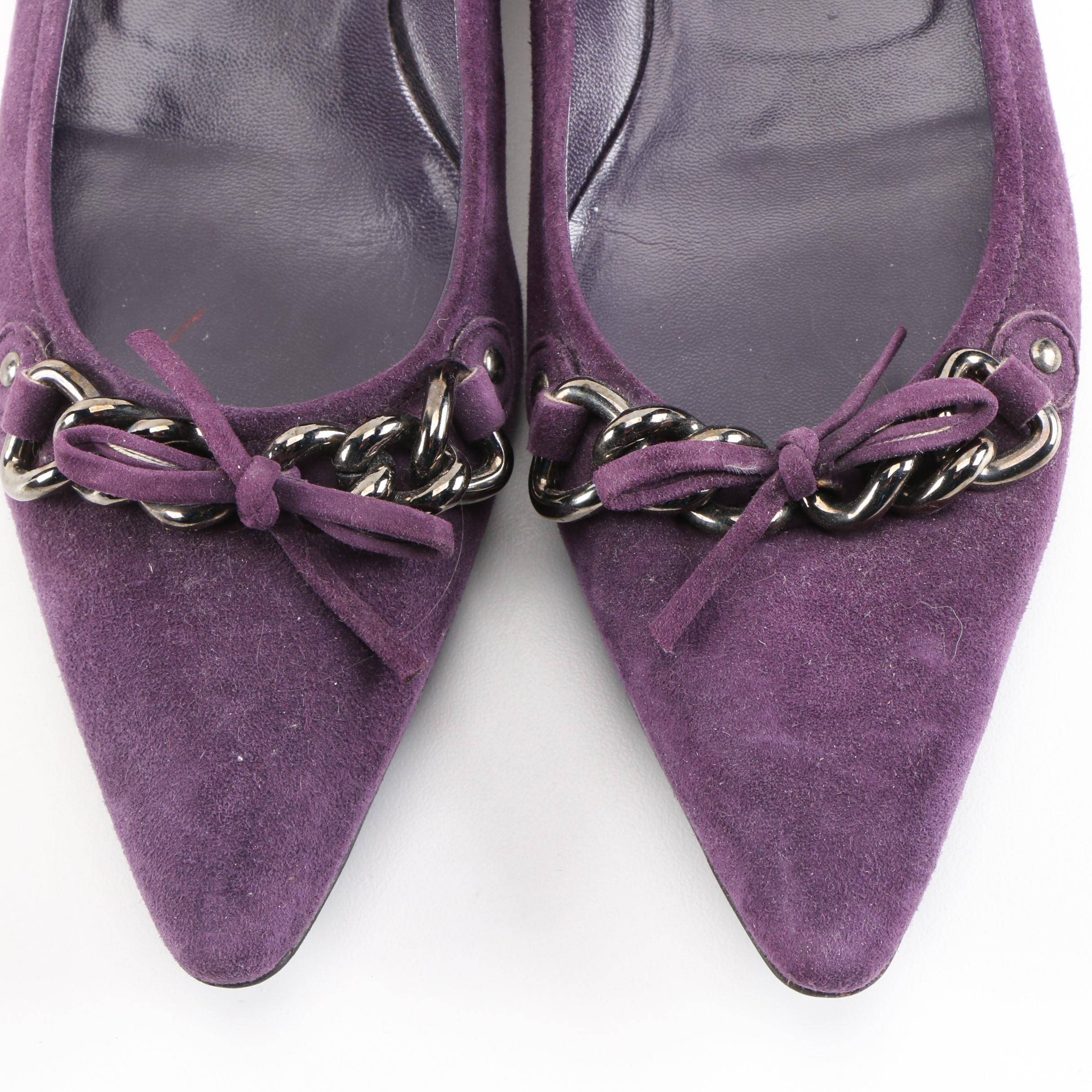 Prada Aubergine Suede Flats with Bow and Chain Link