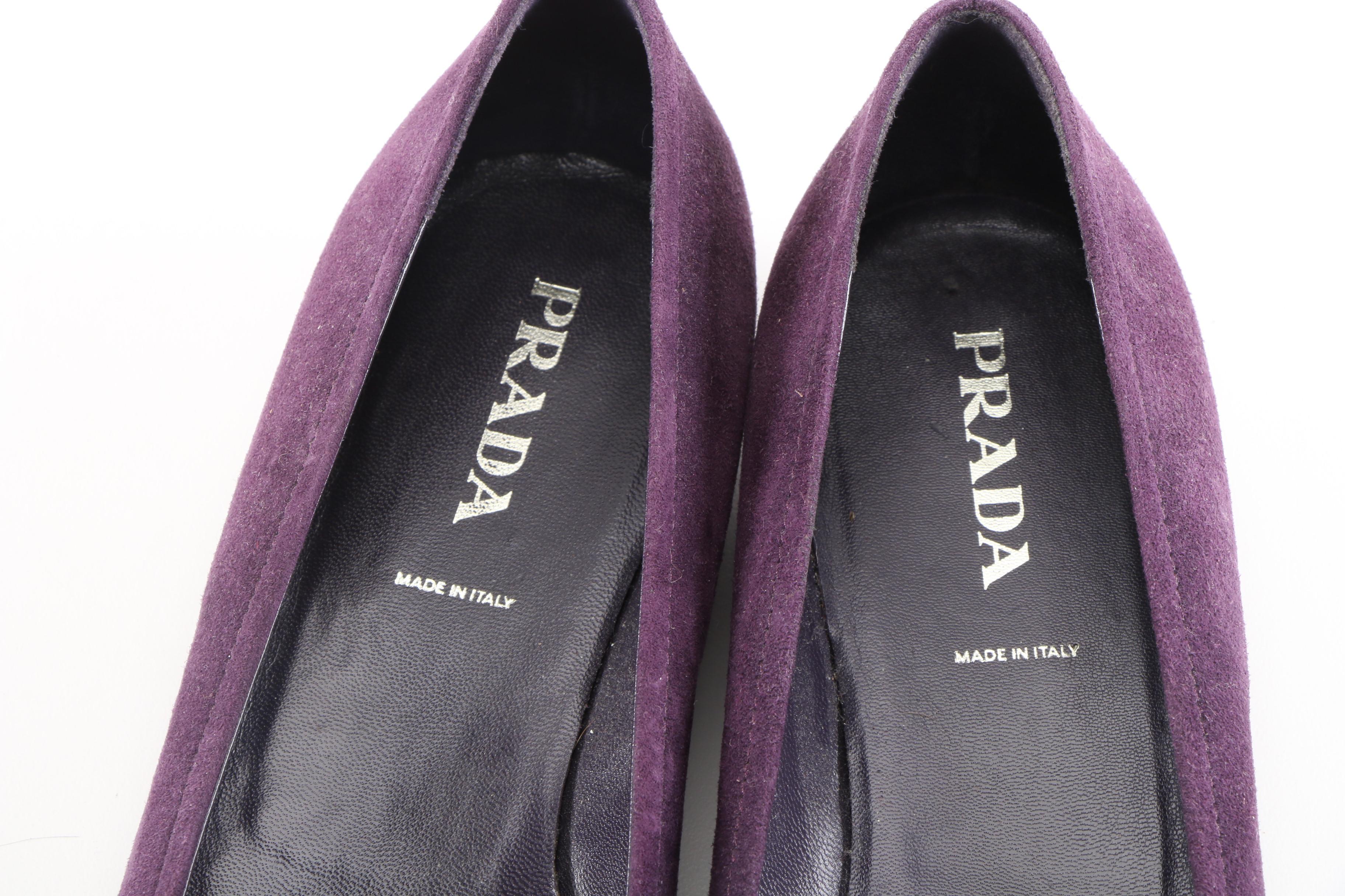 Prada Aubergine Suede Flats with Bow and Chain Link