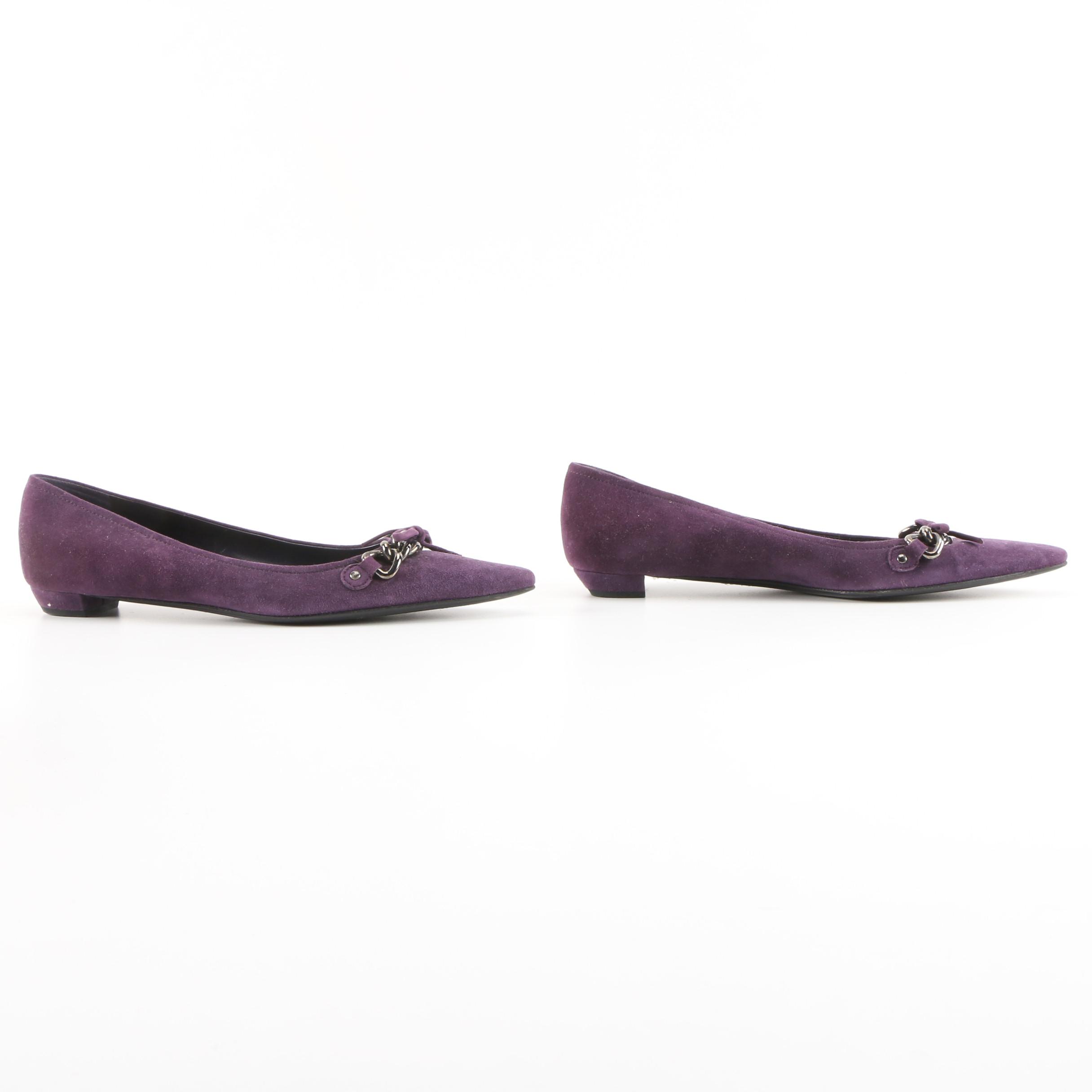 Prada Aubergine Suede Flats with Bow and Chain Link