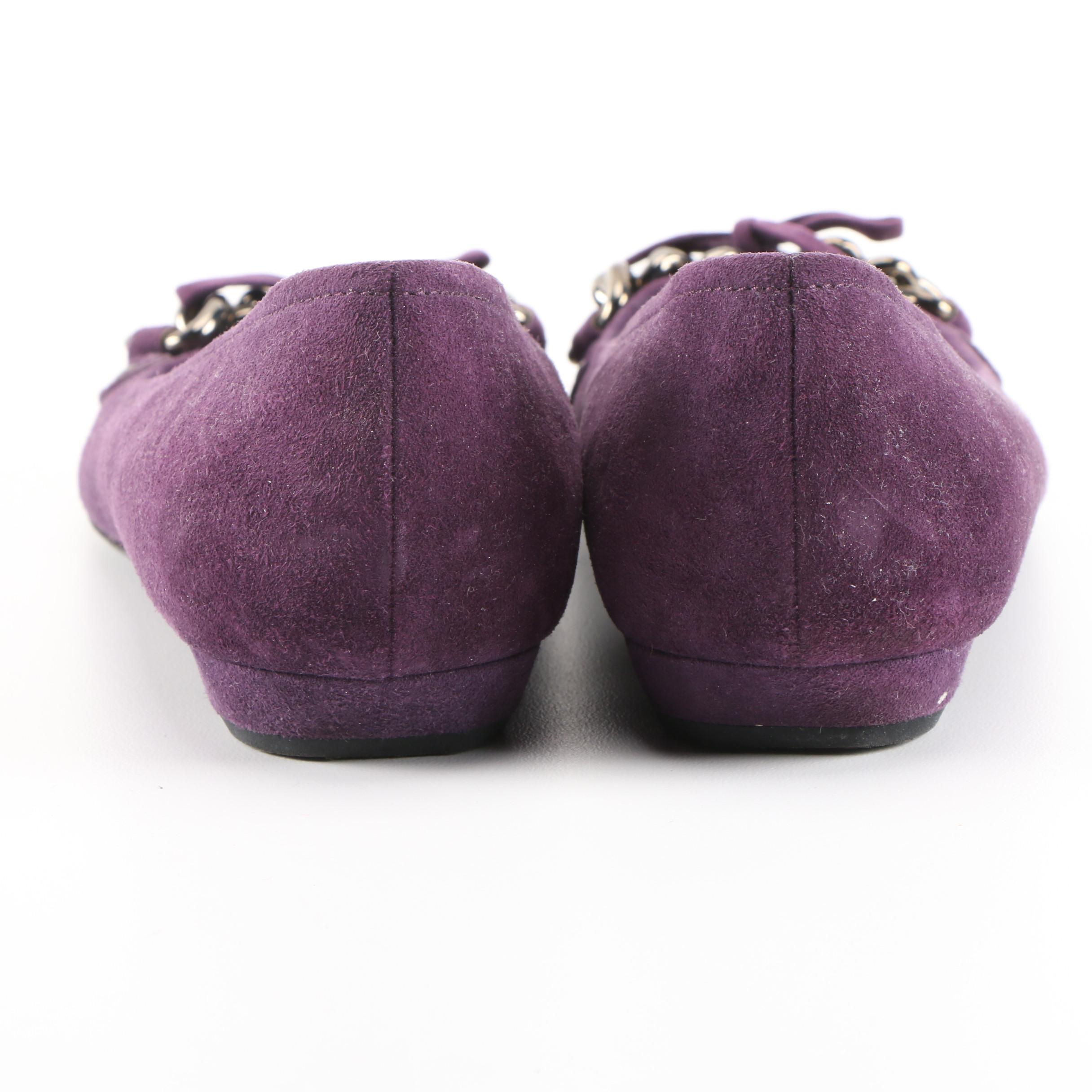 Prada Aubergine Suede Flats with Bow and Chain Link