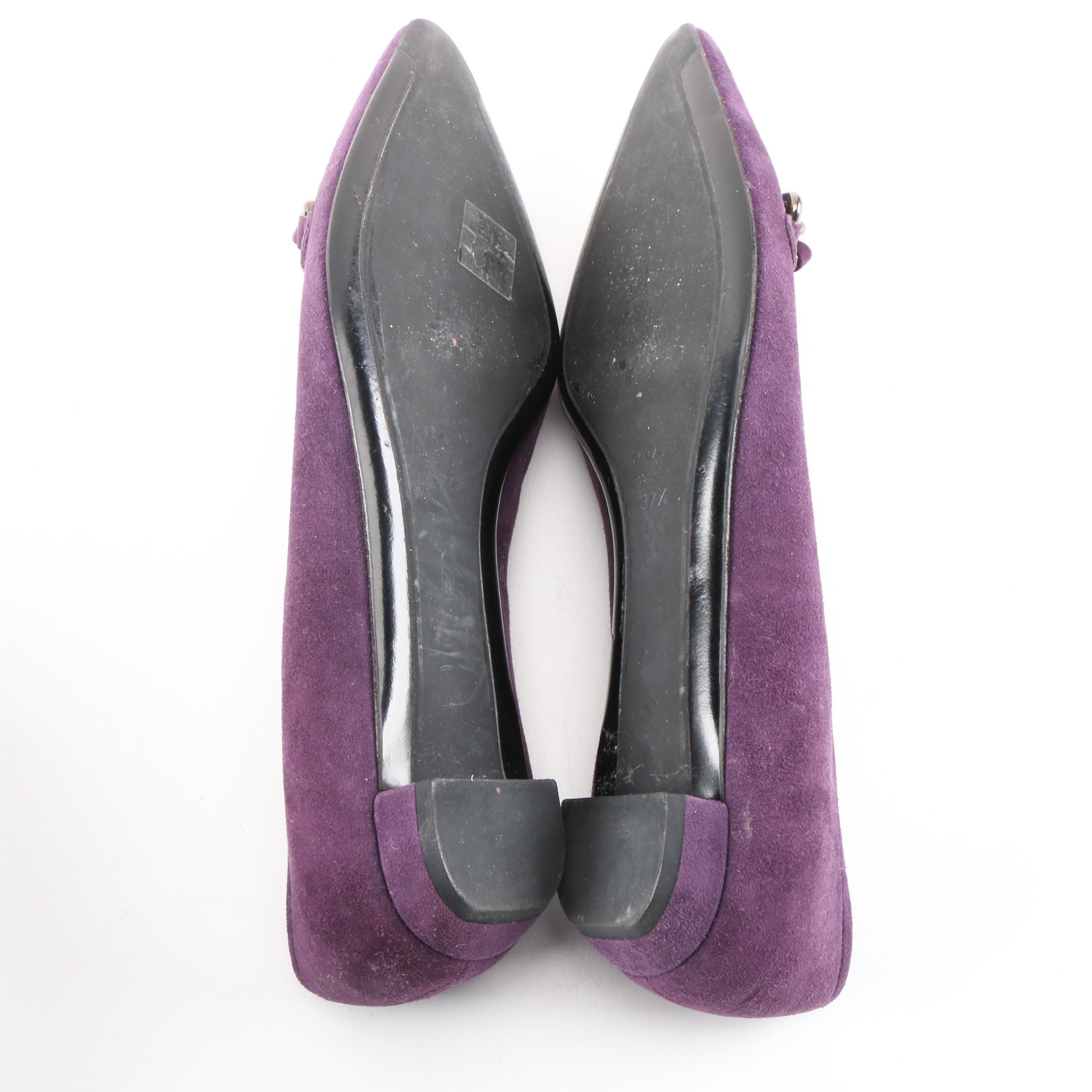 Prada Aubergine Suede Flats with Bow and Chain Link