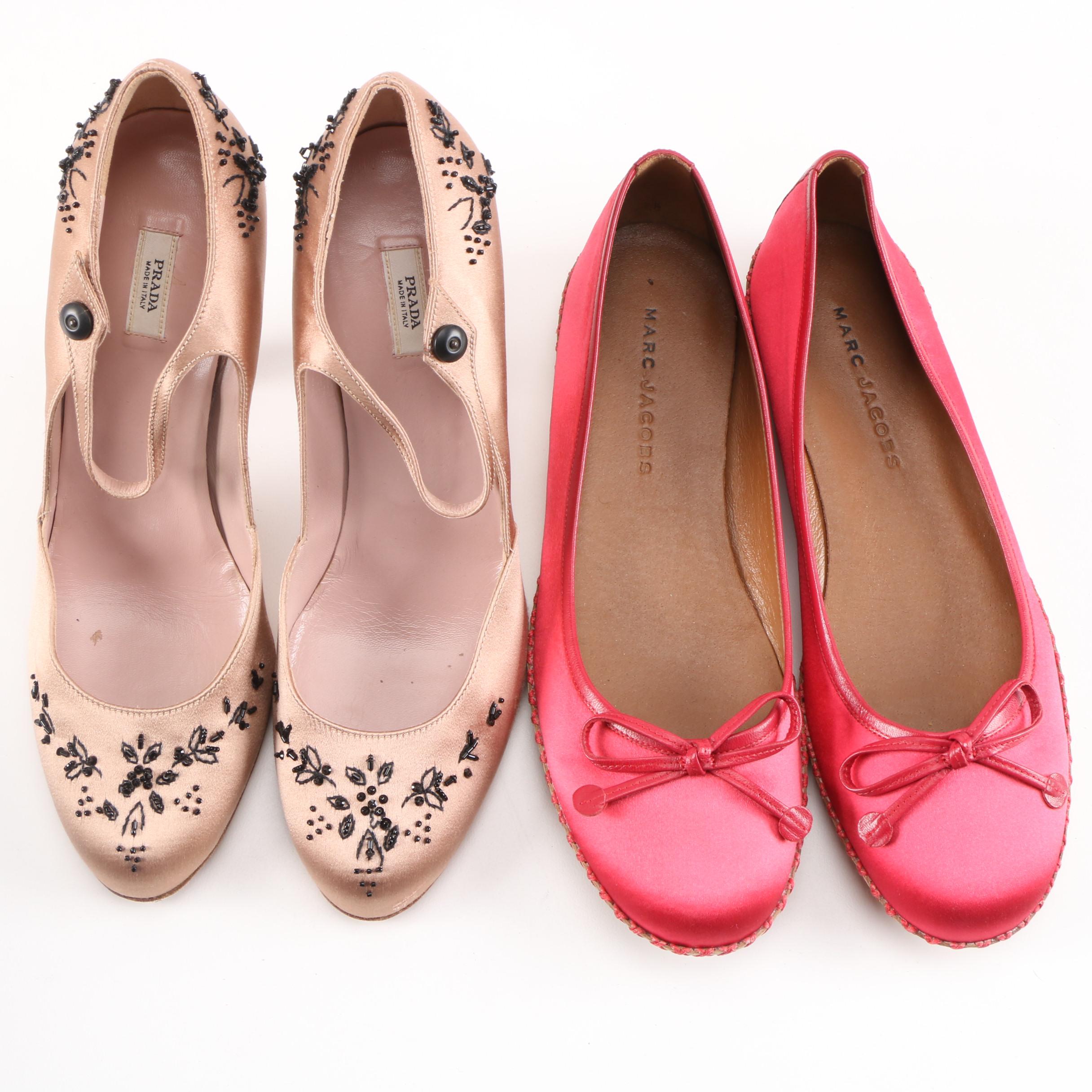 Prada Beaded Satin Heels and Marc Jacobs Satin Flats