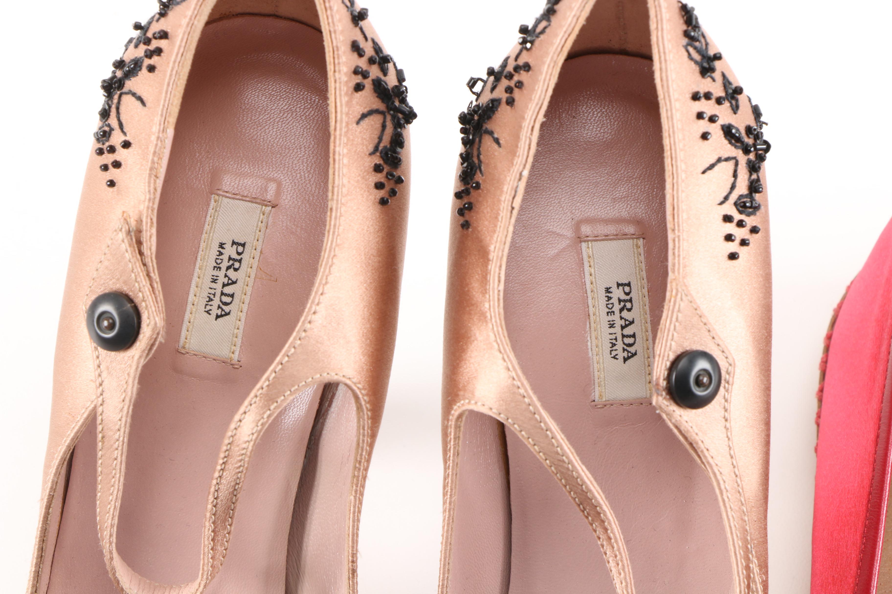 Prada Beaded Satin Heels and Marc Jacobs Satin Flats