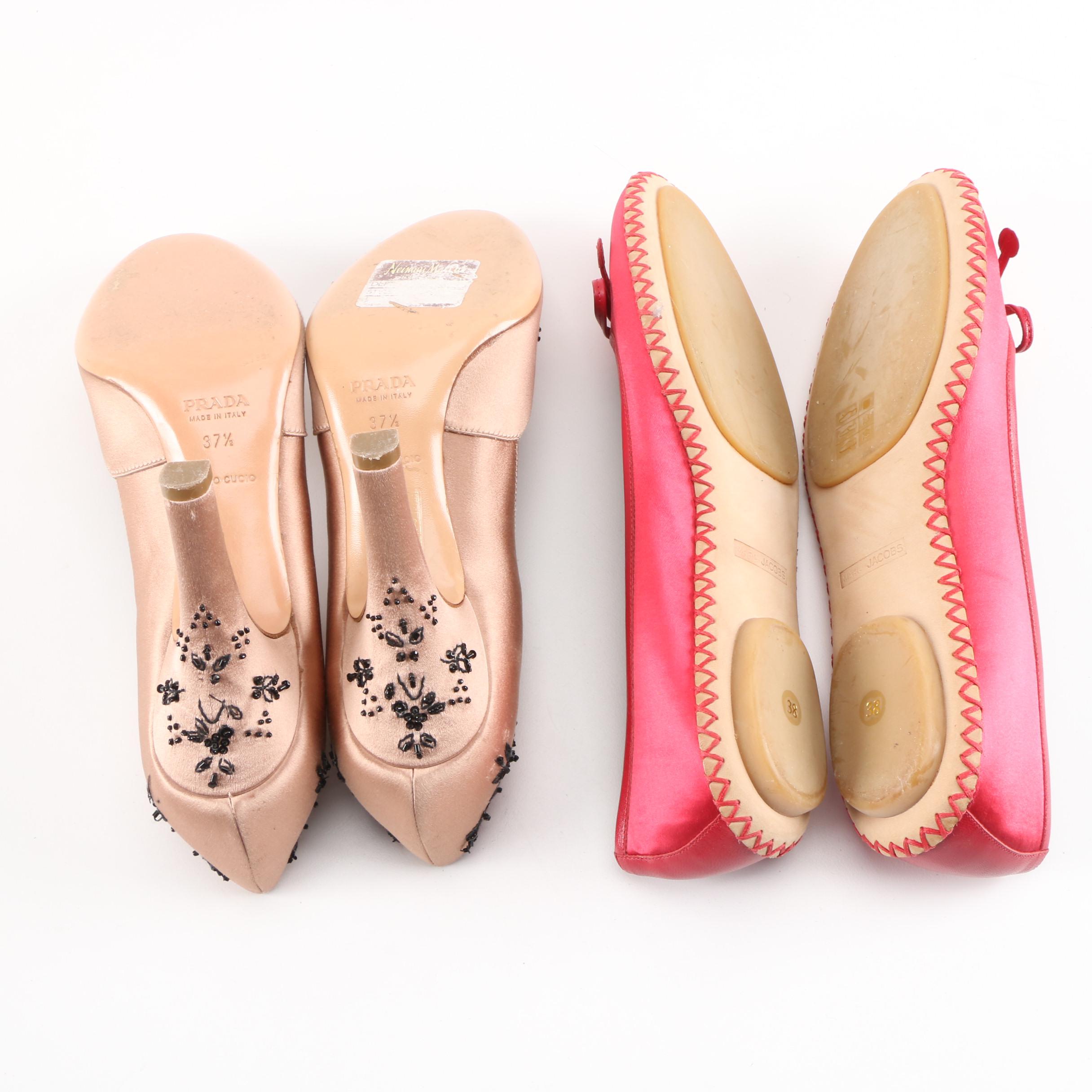 Prada Beaded Satin Heels and Marc Jacobs Satin Flats