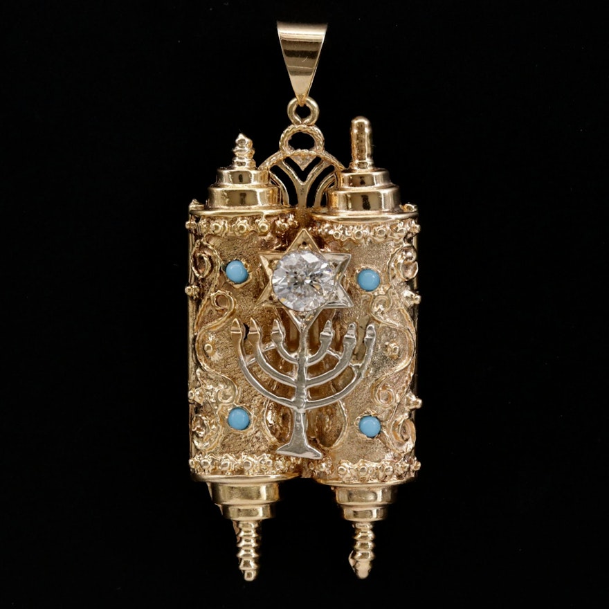 14K Yellow Gold Diamond and Imitation Turquoise Torah Scroll Pendant