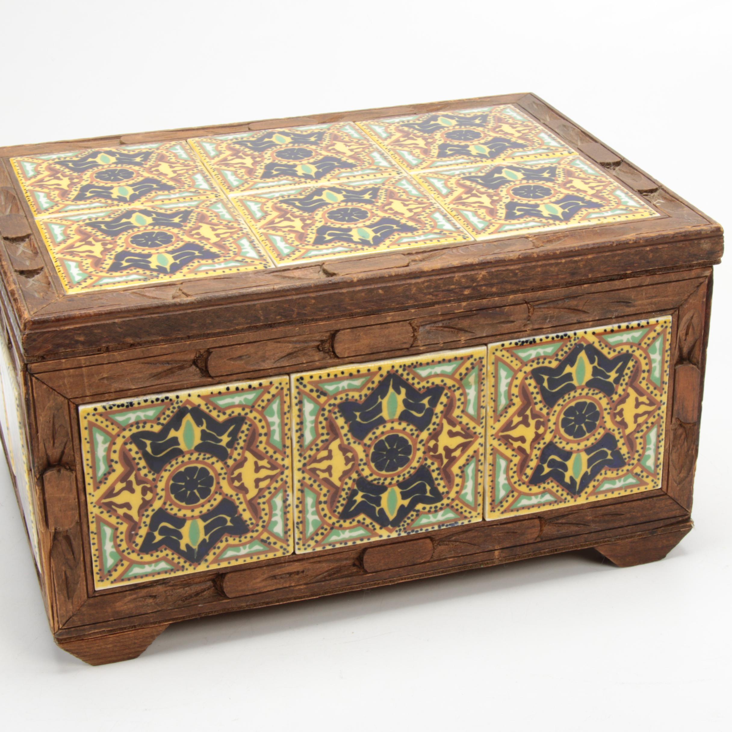 Ceramic Tile and Carved Wood Decorative Box