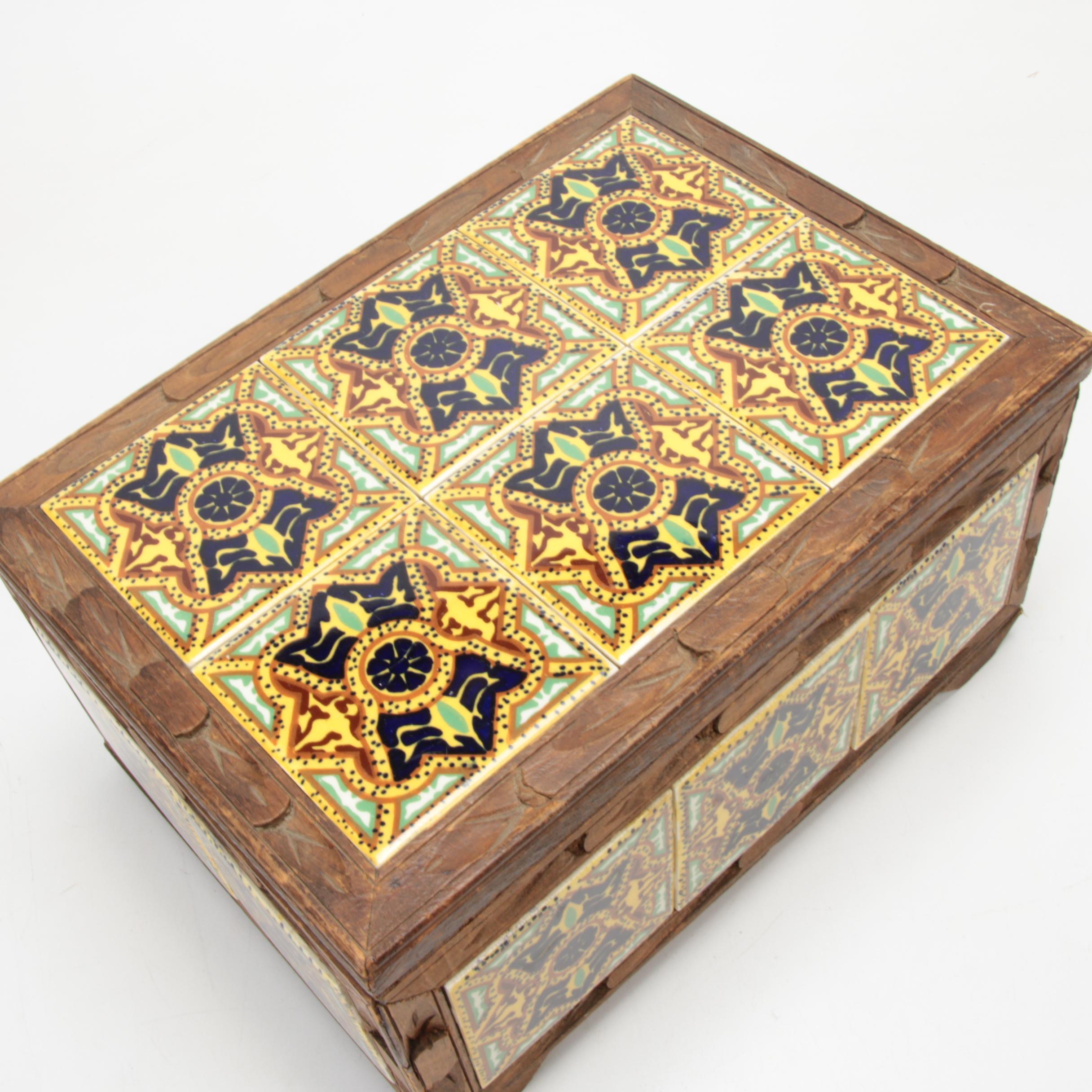 Ceramic Tile and Carved Wood Decorative Box