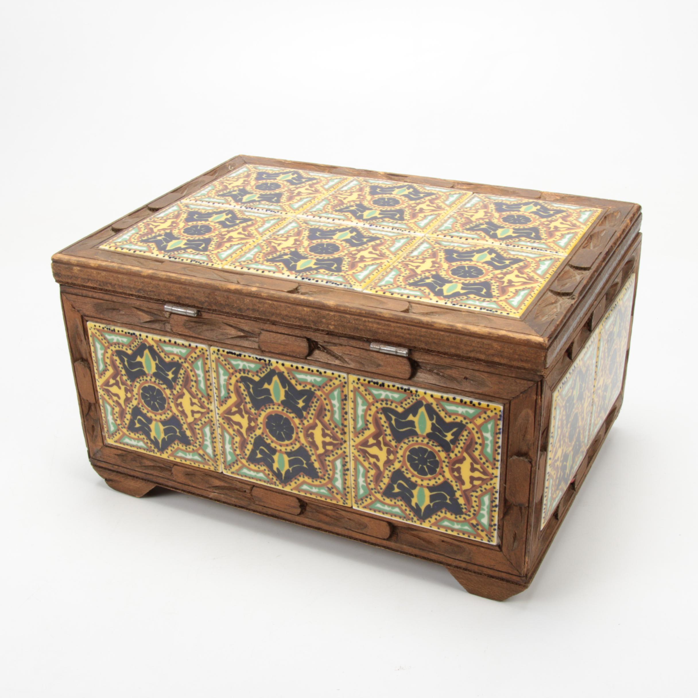 Ceramic Tile and Carved Wood Decorative Box