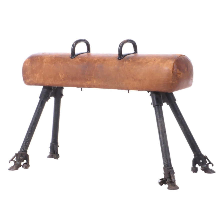 Brown Leather-Upholstered Wood and Steel Pommel Horse, First Half 20th Century