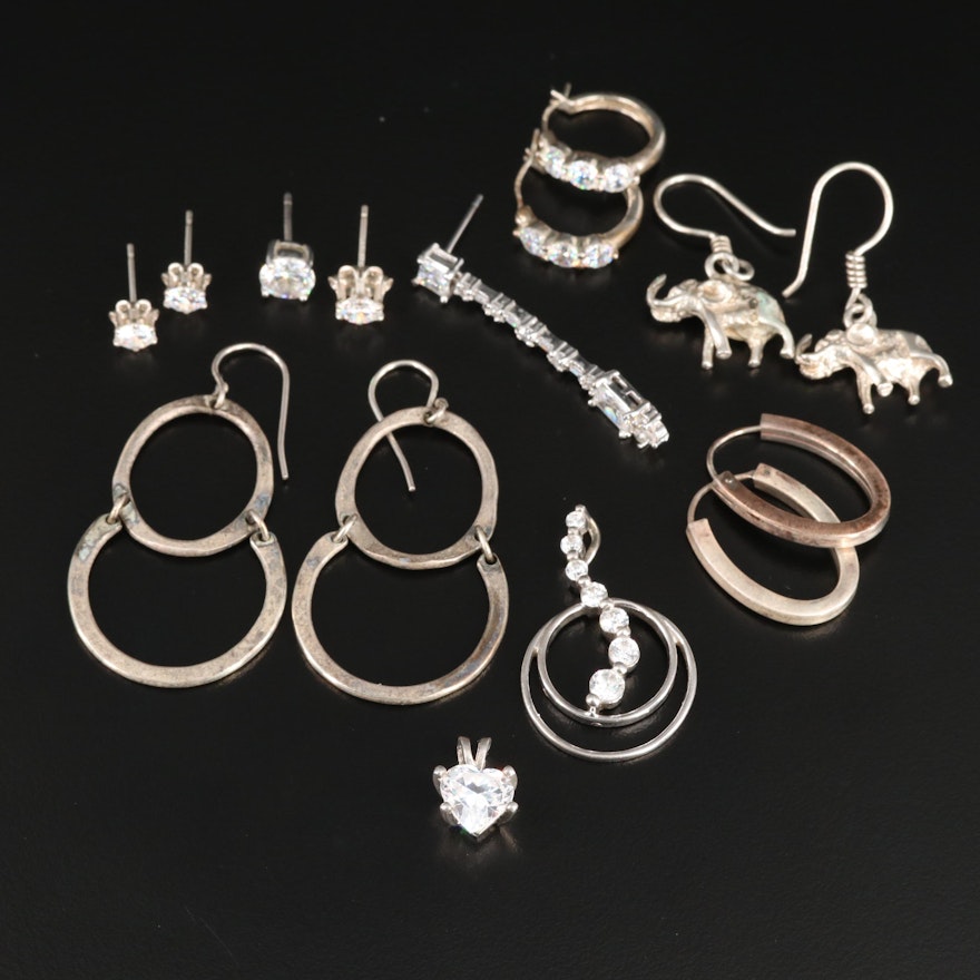 Sterling Silver Earring Selection Featuring Cubic Zirconia and Elephants