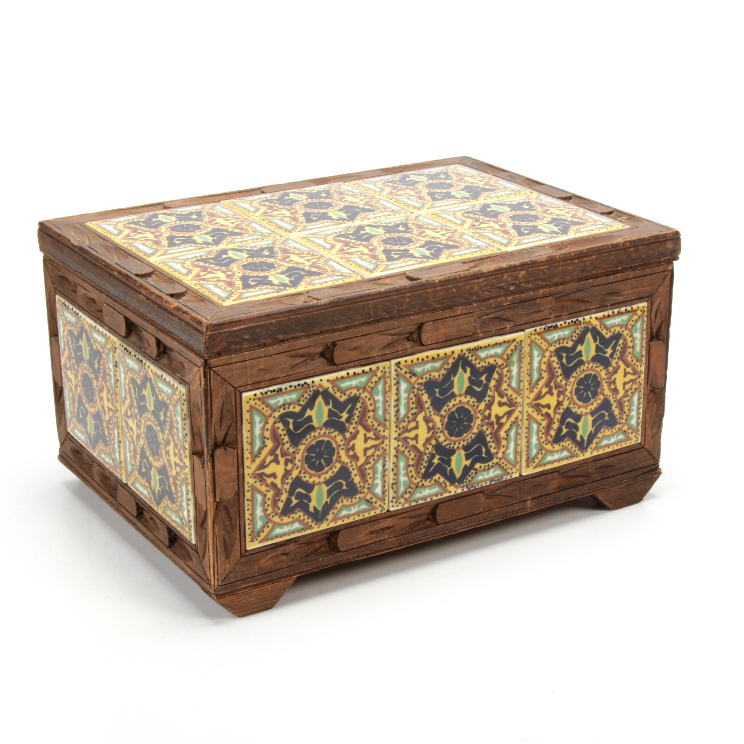 Ceramic Tile and Carved Wood Decorative Box