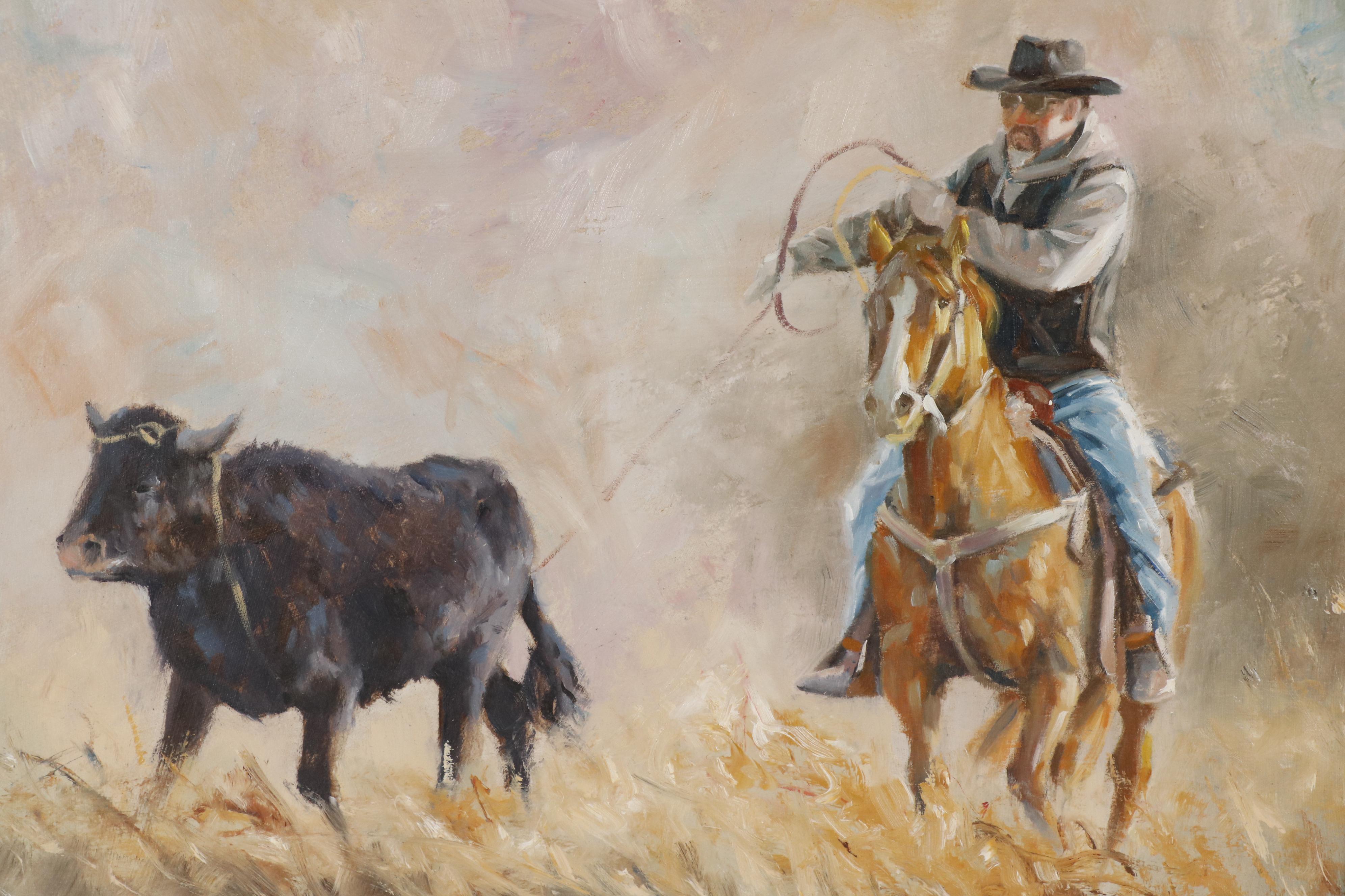 Oil Painting of Cowboy on Horseback Roping Cow