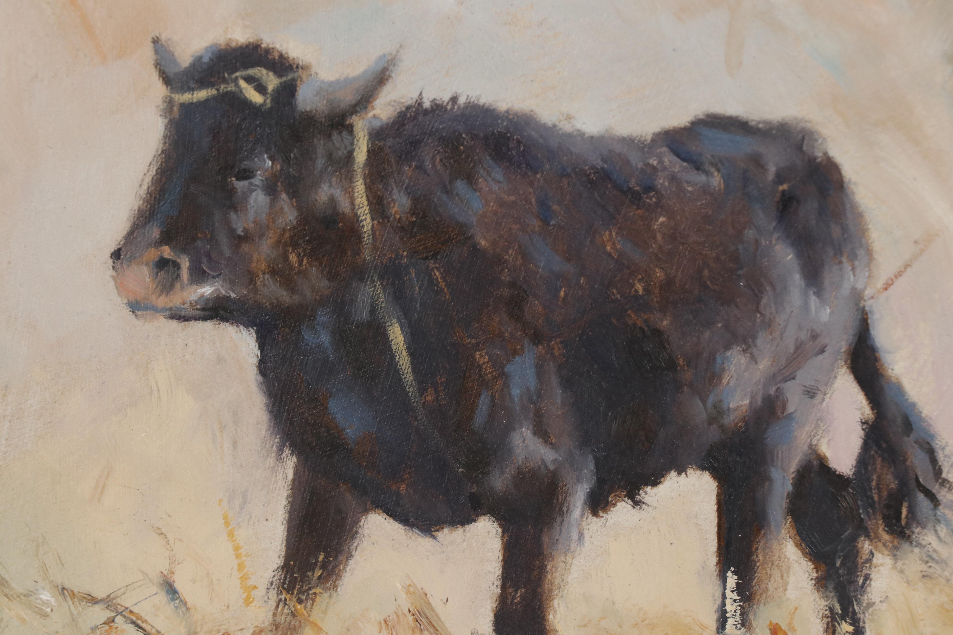 Oil Painting of Cowboy on Horseback Roping Cow