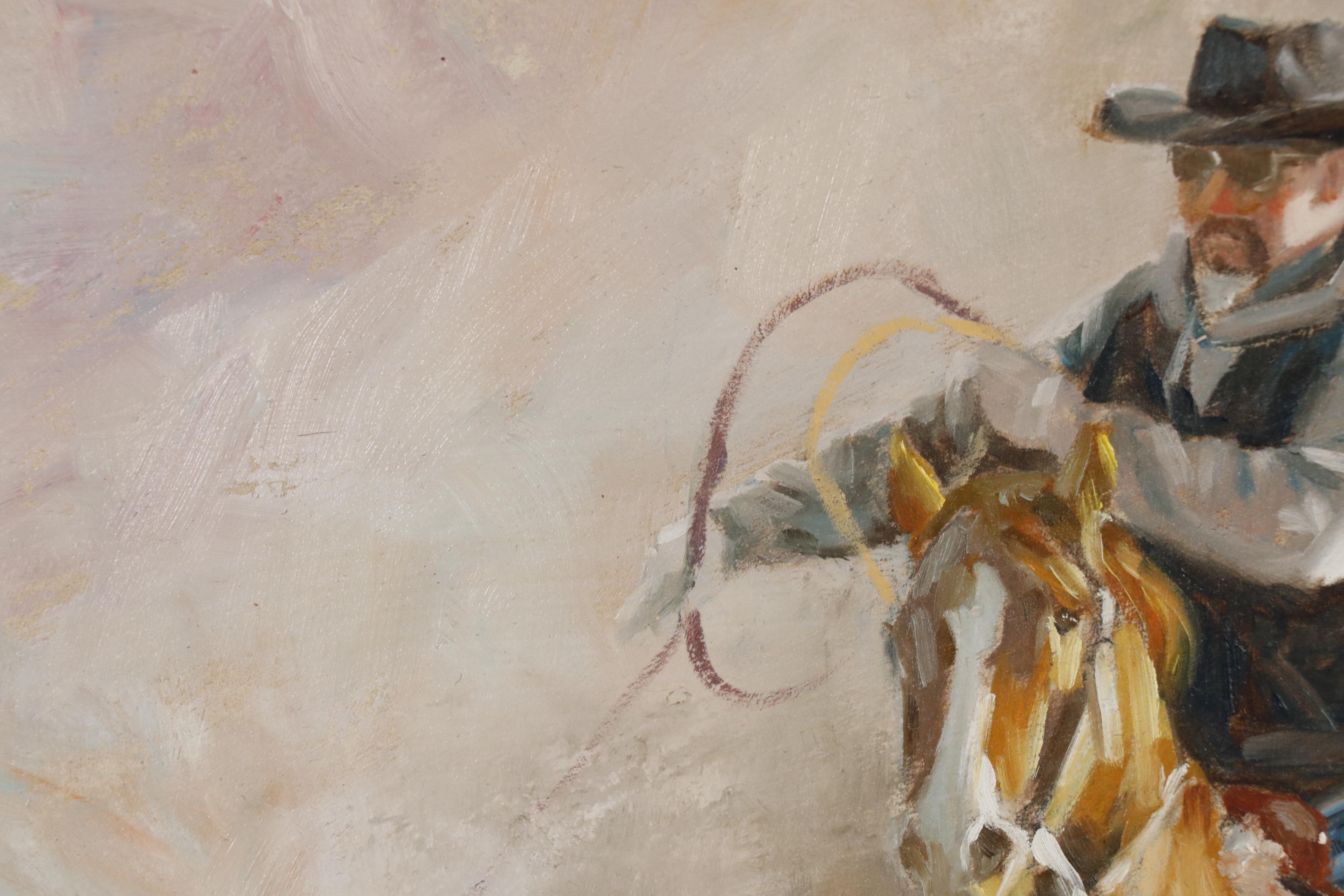 Oil Painting of Cowboy on Horseback Roping Cow