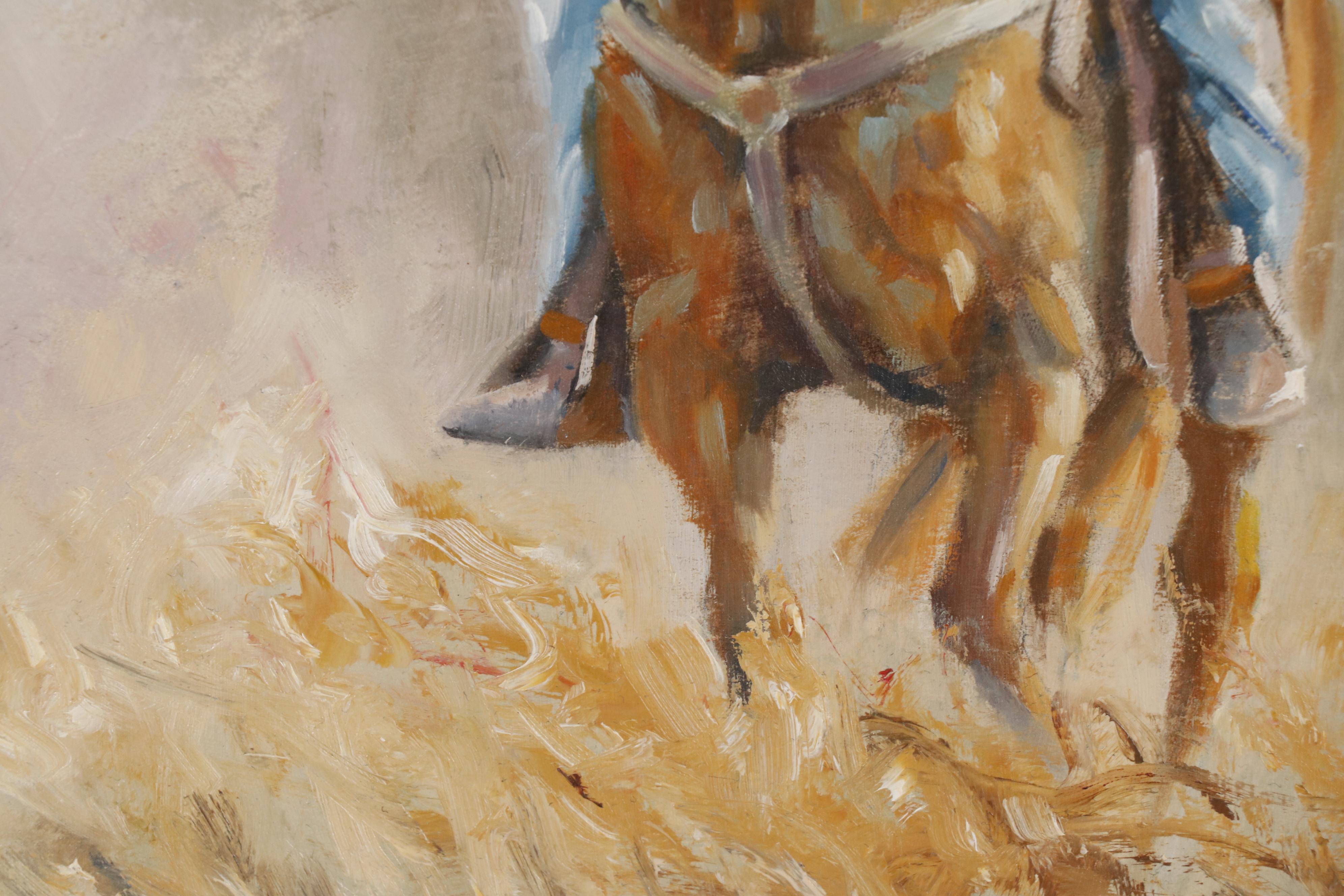 Oil Painting of Cowboy on Horseback Roping Cow