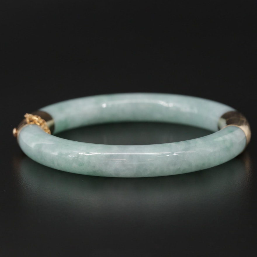 Carved Hinged Jadeite Bangle with 14K Clasp