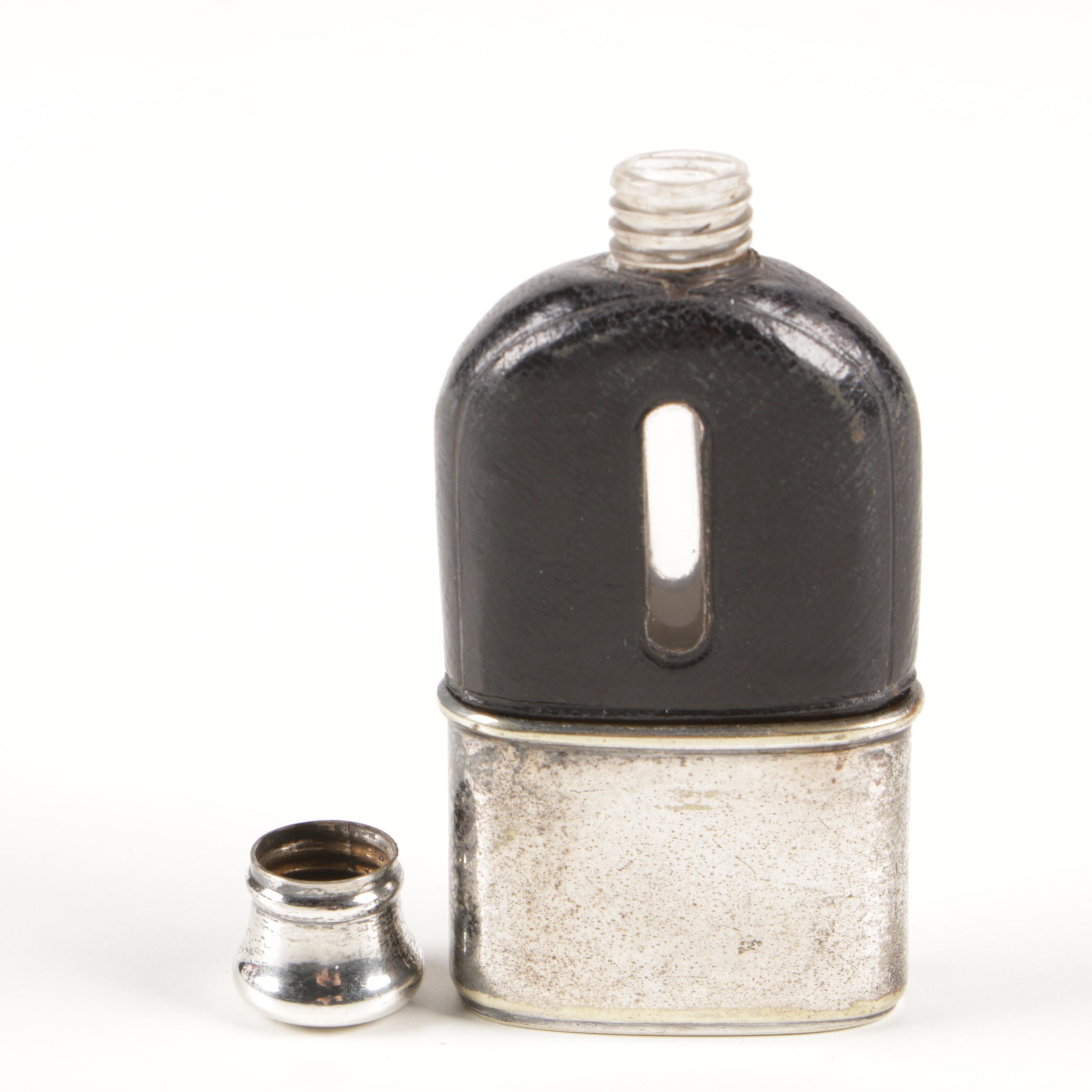 Thornhill English Leather Bound Silver Plate Hip Flask, Late 19th Century