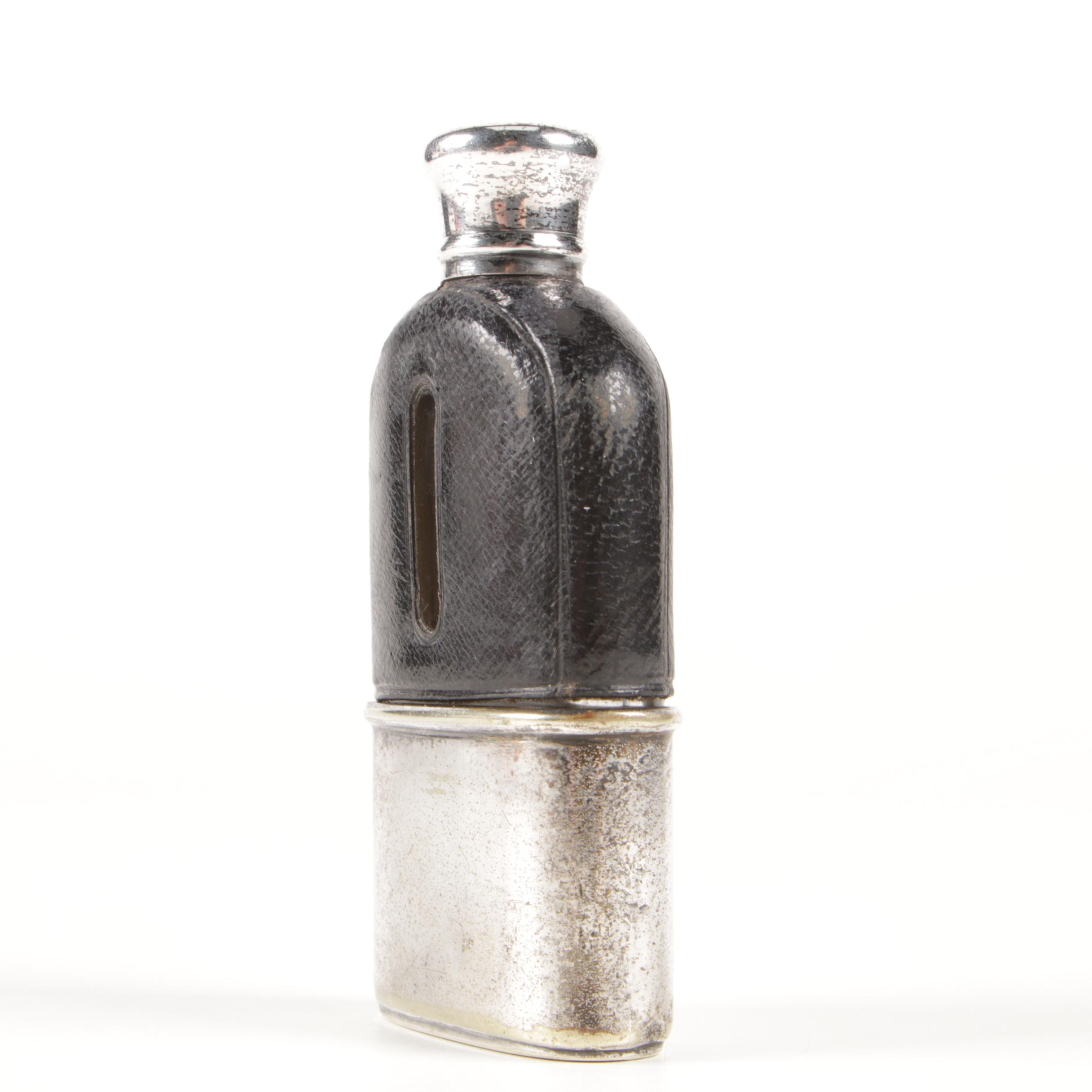 Thornhill English Leather Bound Silver Plate Hip Flask, Late 19th Century