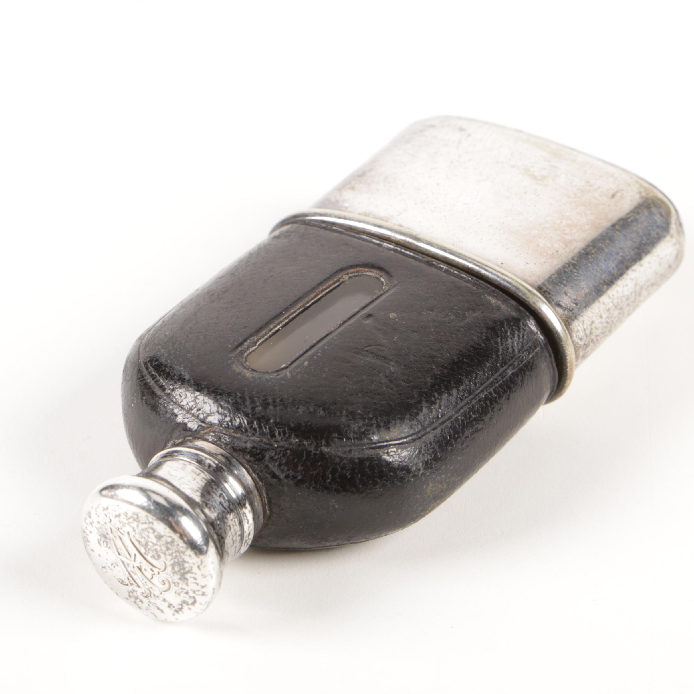 Thornhill English Leather Bound Silver Plate Hip Flask, Late 19th Century