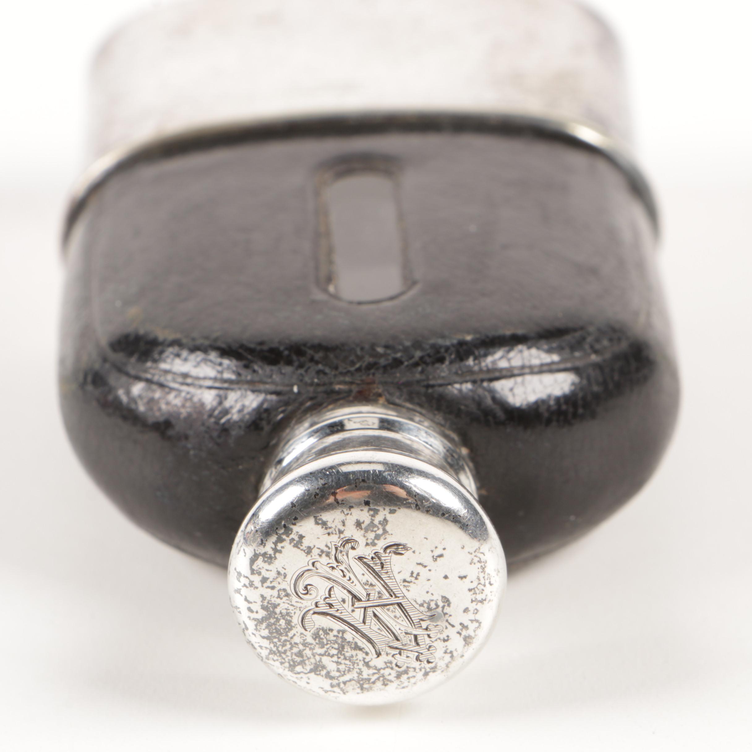 Thornhill English Leather Bound Silver Plate Hip Flask, Late 19th Century