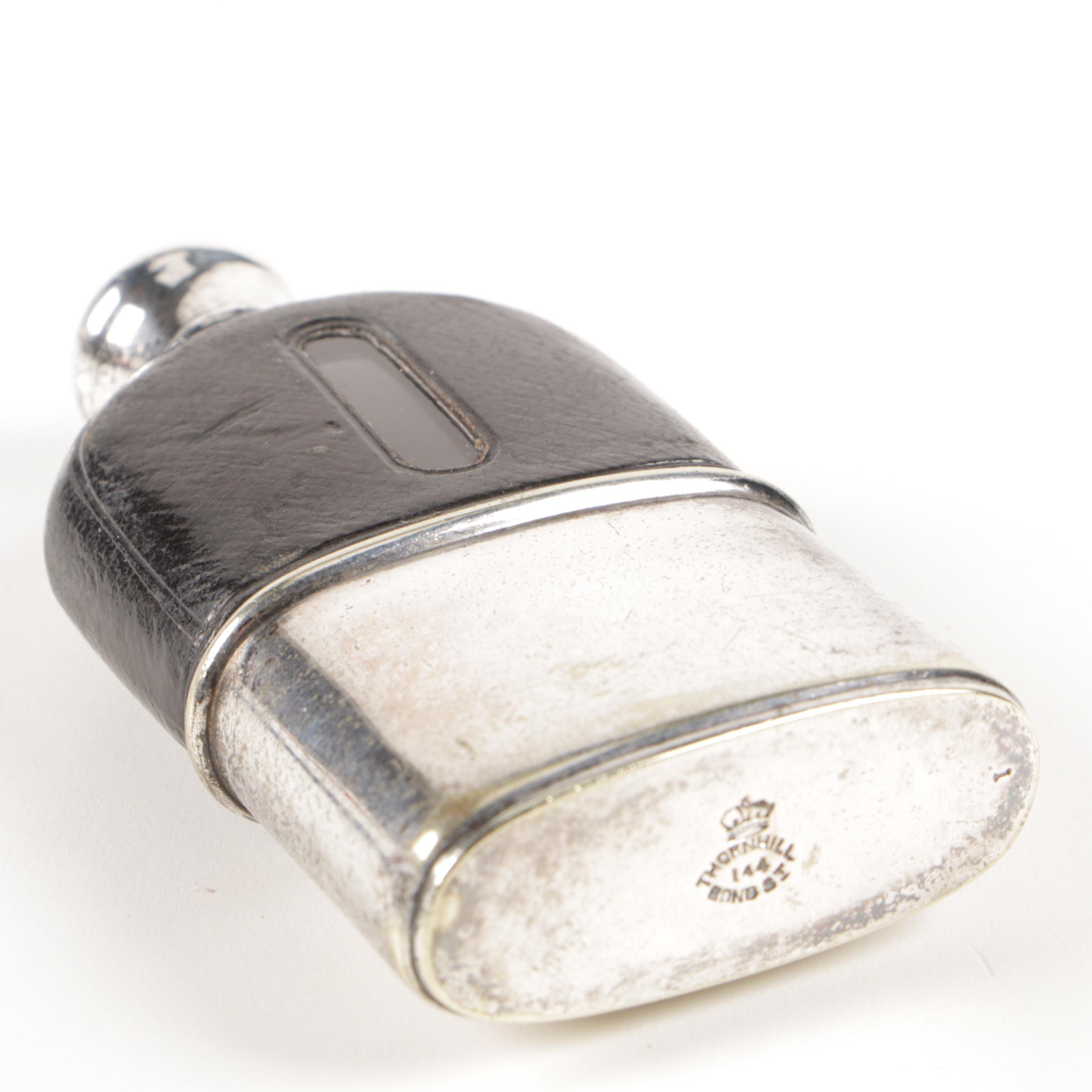 Thornhill English Leather Bound Silver Plate Hip Flask, Late 19th Century