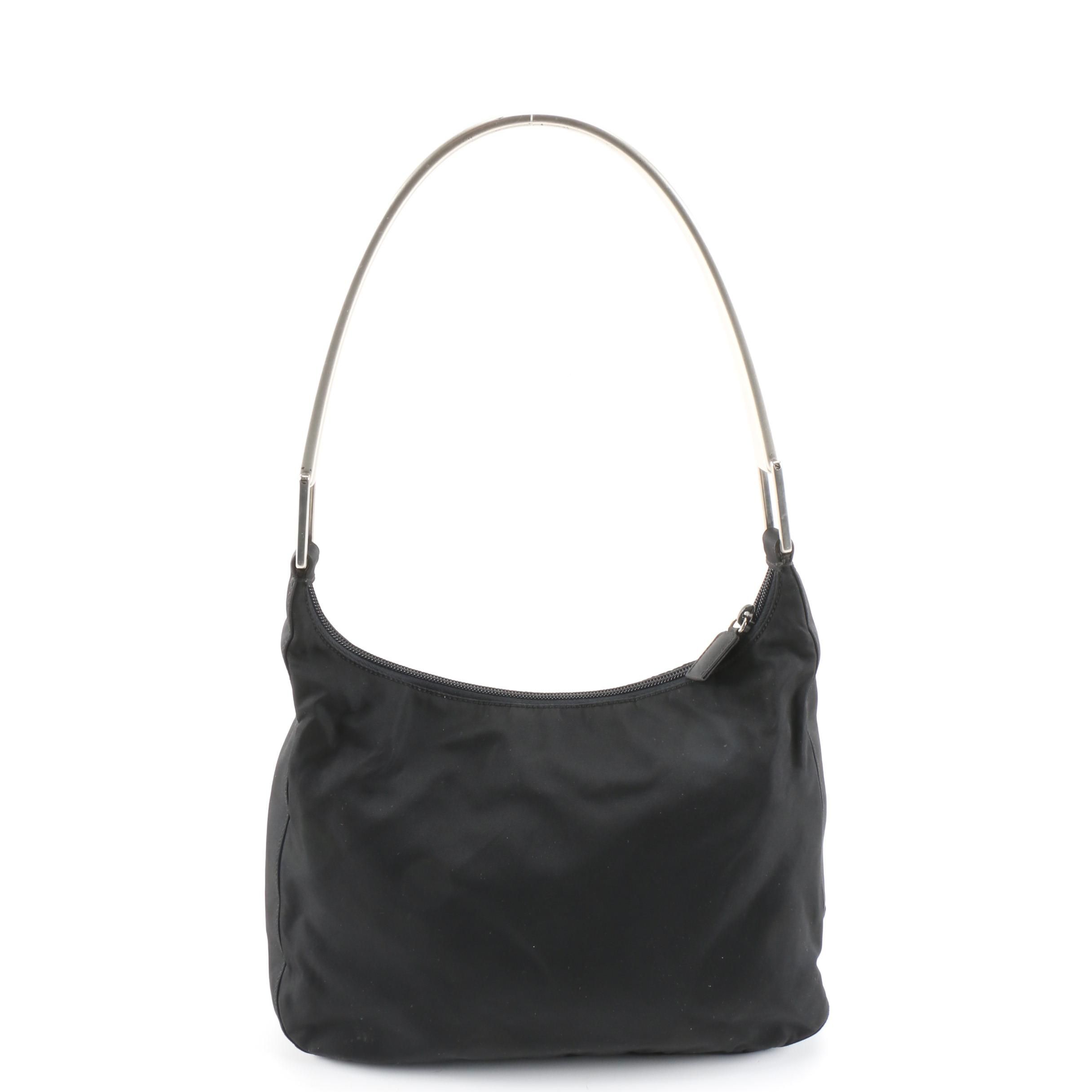 Prada Shoulder Bag in Black Tessuto Nylon with Silver Tone Metal Handle, Vintage