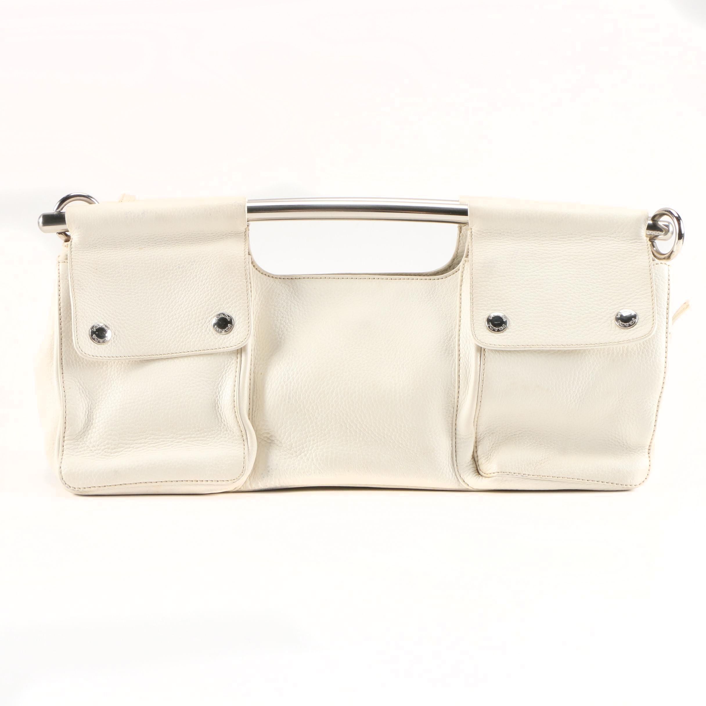 Prada Convertible Bar Handle Clutch in Pebbled Vitello Daino Calfskin Leather