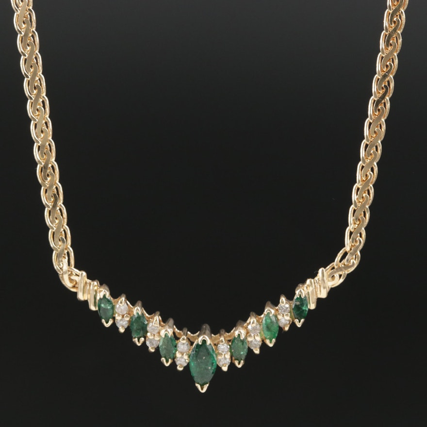 14K Gold Emerald and Diamond Chevron Necklace