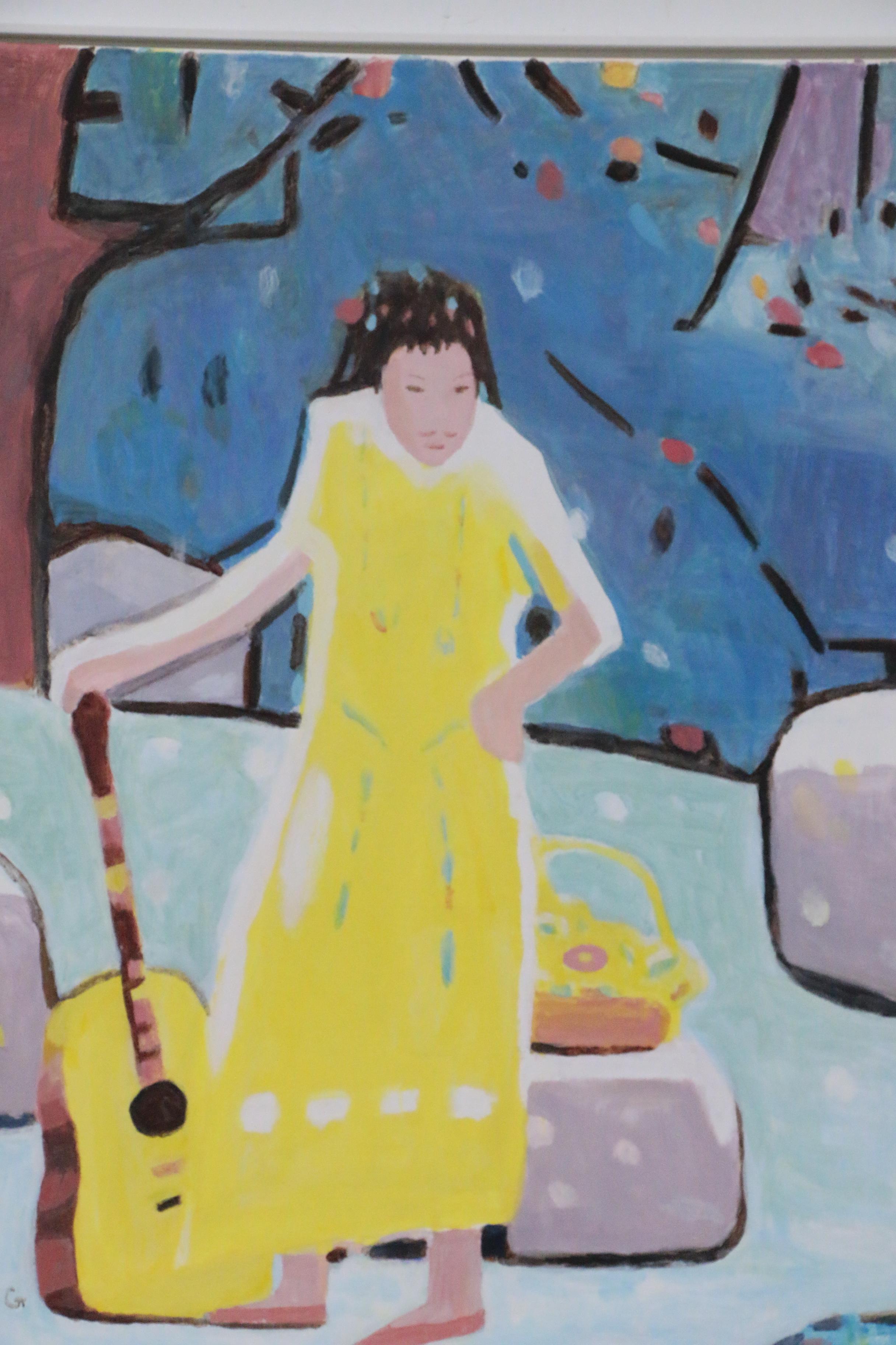 Pang Jen Figural Oil Painting "Yellow Girl with Guitar"