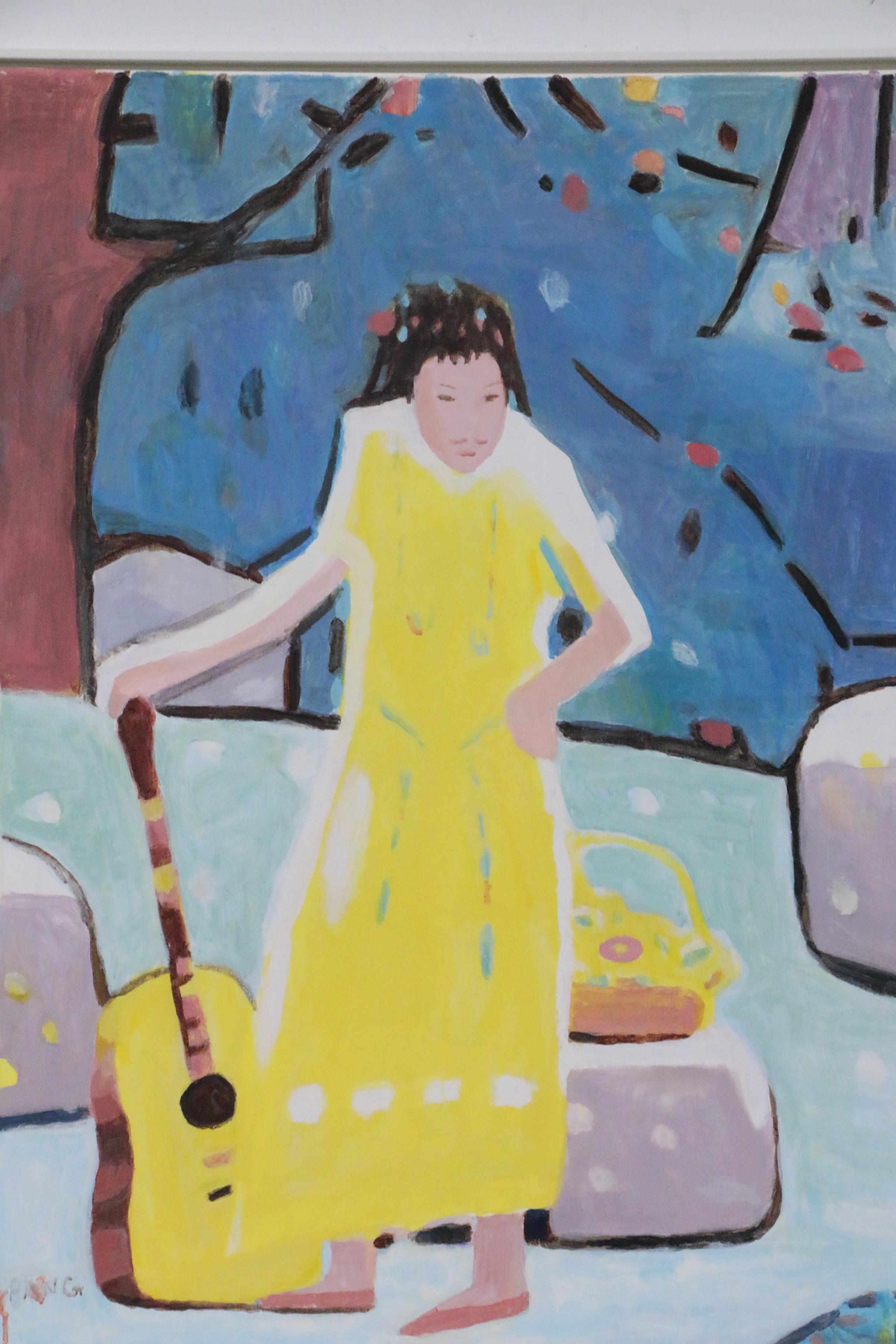 Pang Jen Figural Oil Painting "Yellow Girl with Guitar"
