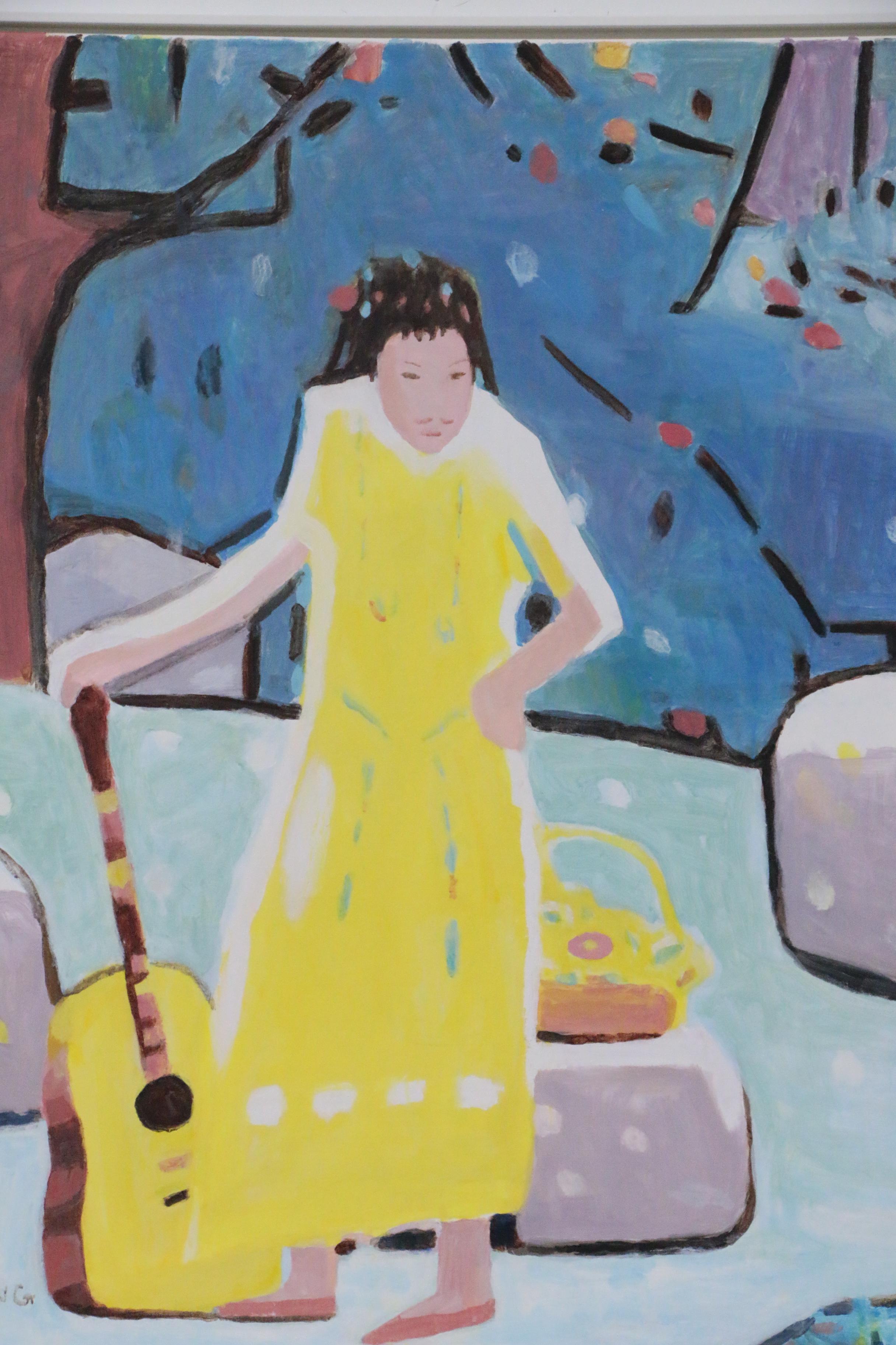 Pang Jen Figural Oil Painting "Yellow Girl with Guitar"