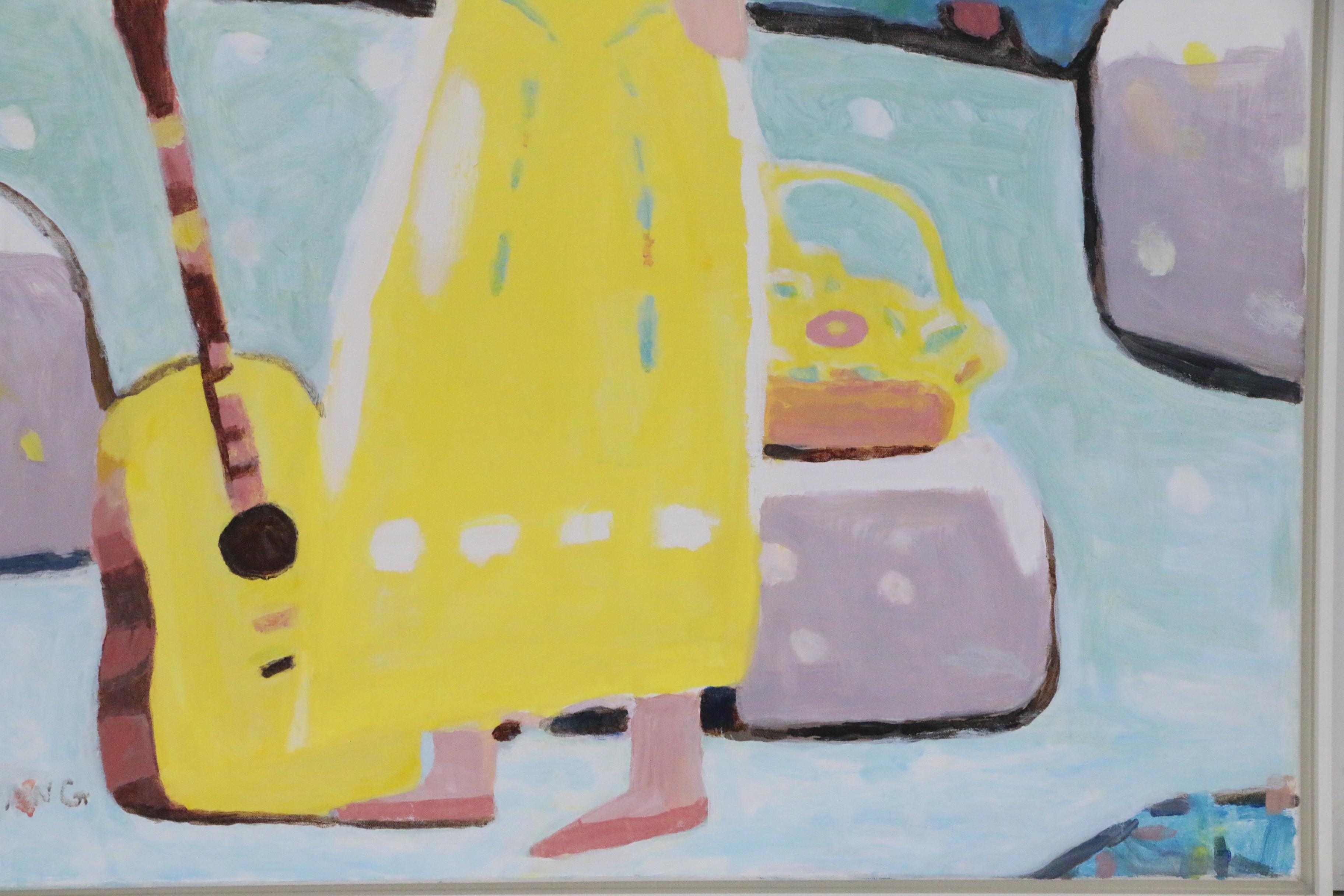 Pang Jen Figural Oil Painting "Yellow Girl with Guitar"