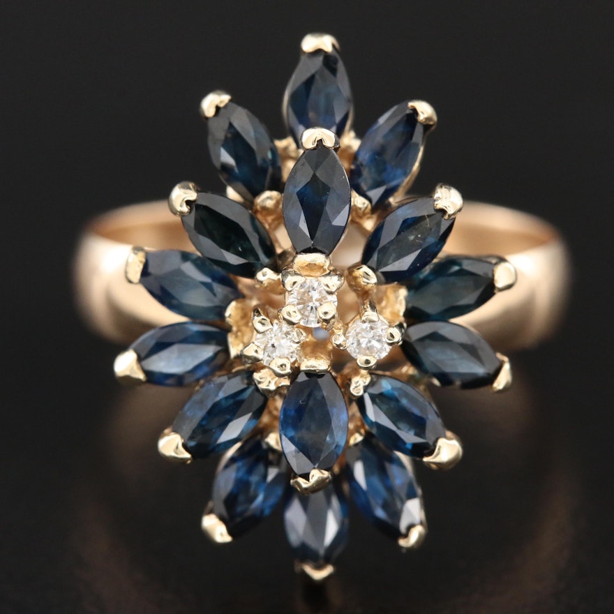 14 Gold Diamond and Sapphire Cluster Ring