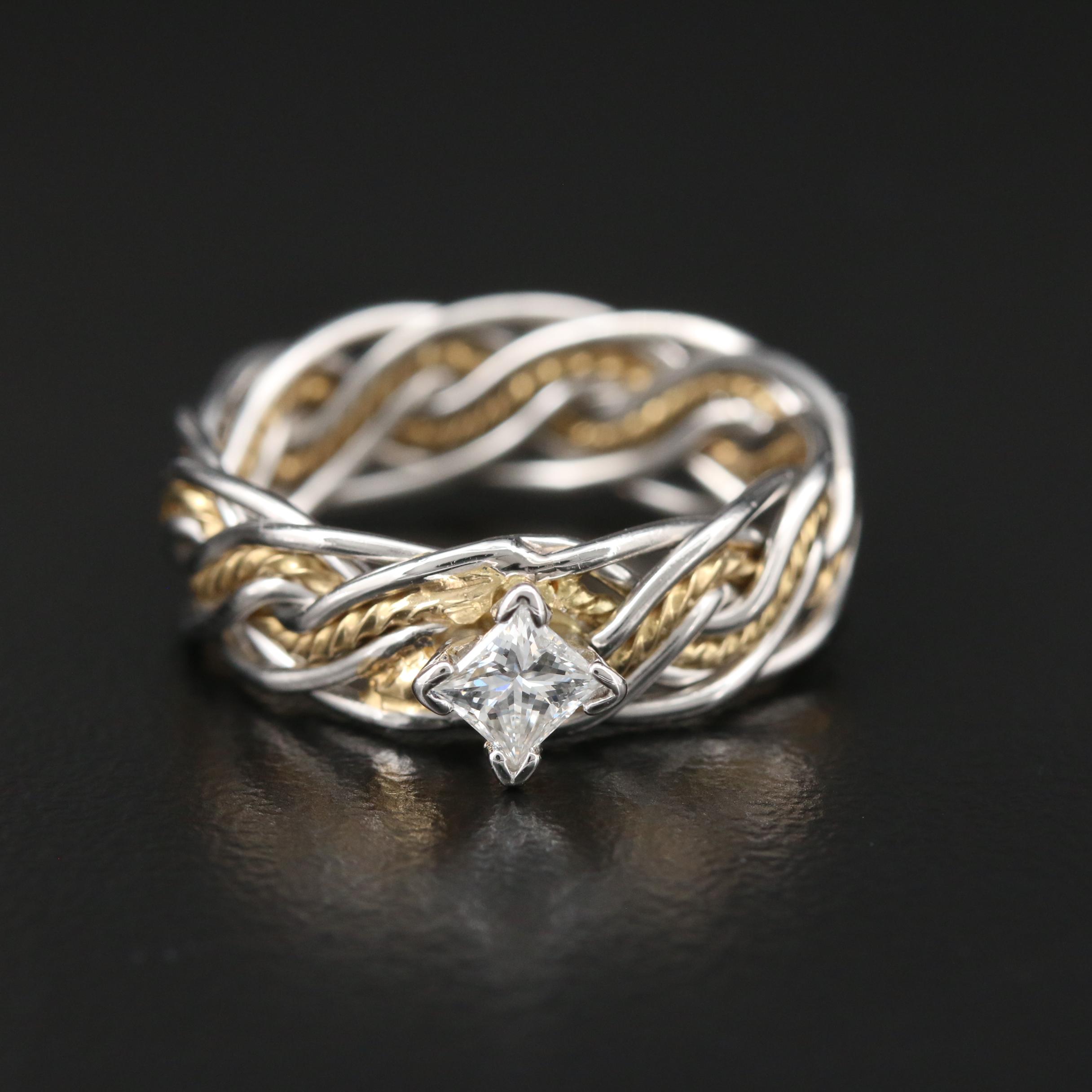 Platinum and 14K Yellow Gold 0.25 CT Diamond Solitaire Braided Ring