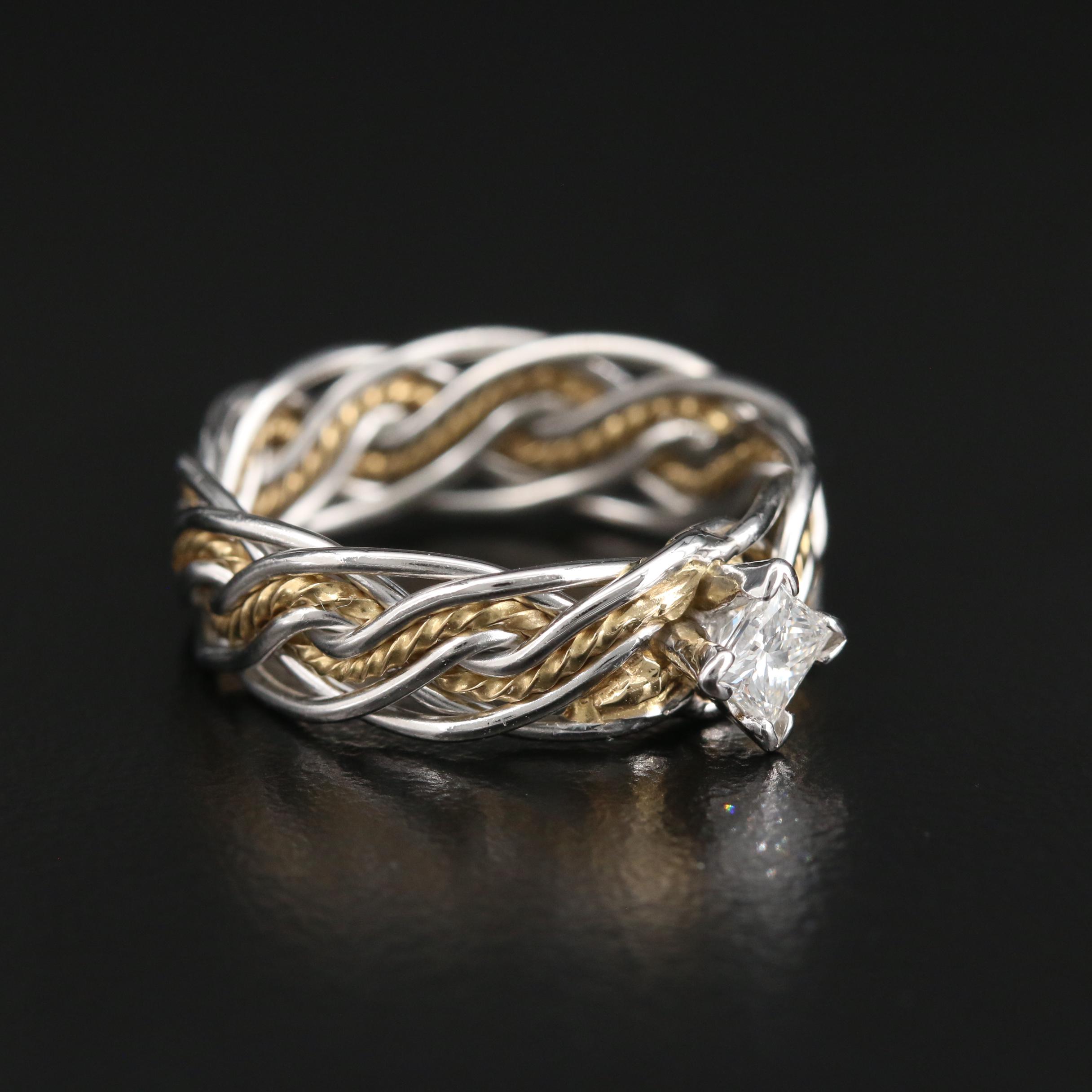 Platinum and 14K Yellow Gold 0.25 CT Diamond Solitaire Braided Ring