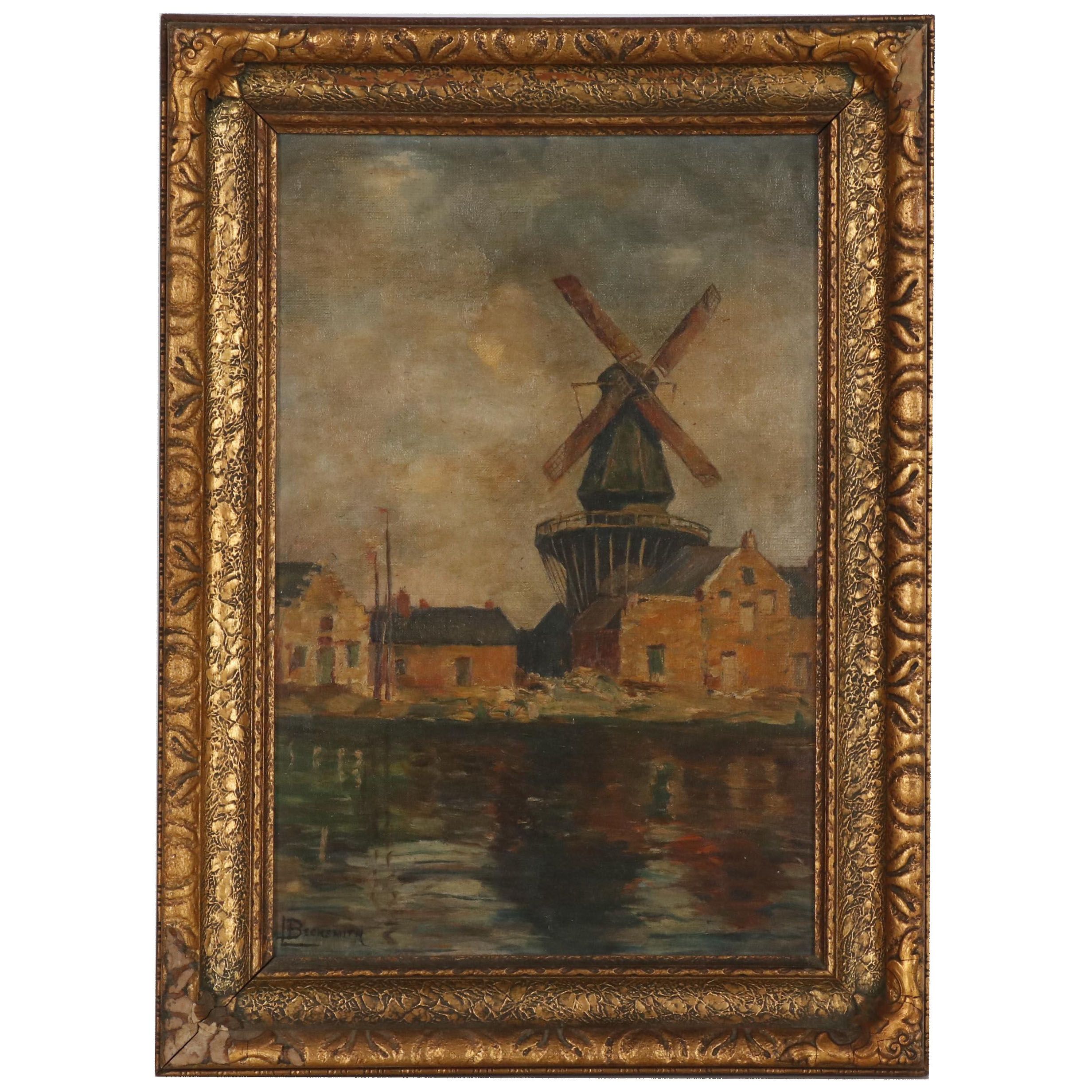 L. Becksmith Oil Painting of Coastal Village with Windmill
