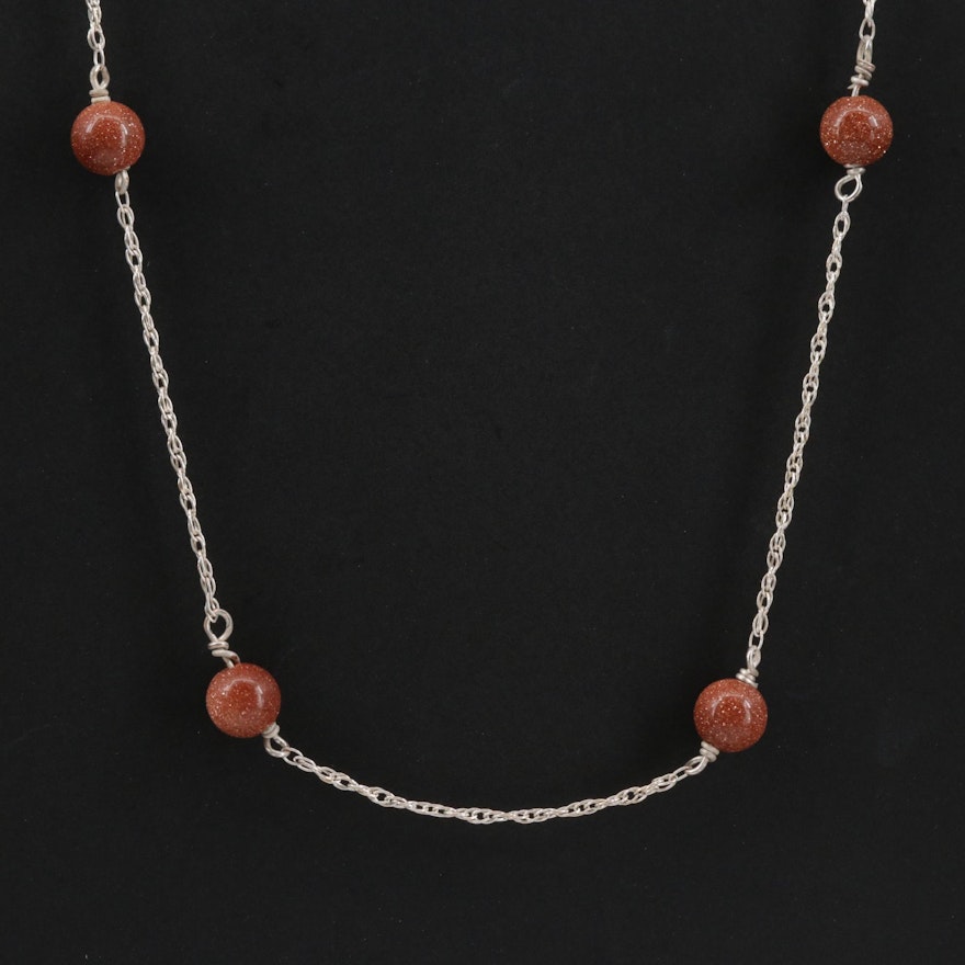 14K Yellow Gold Goldstone Glass Station Necklace