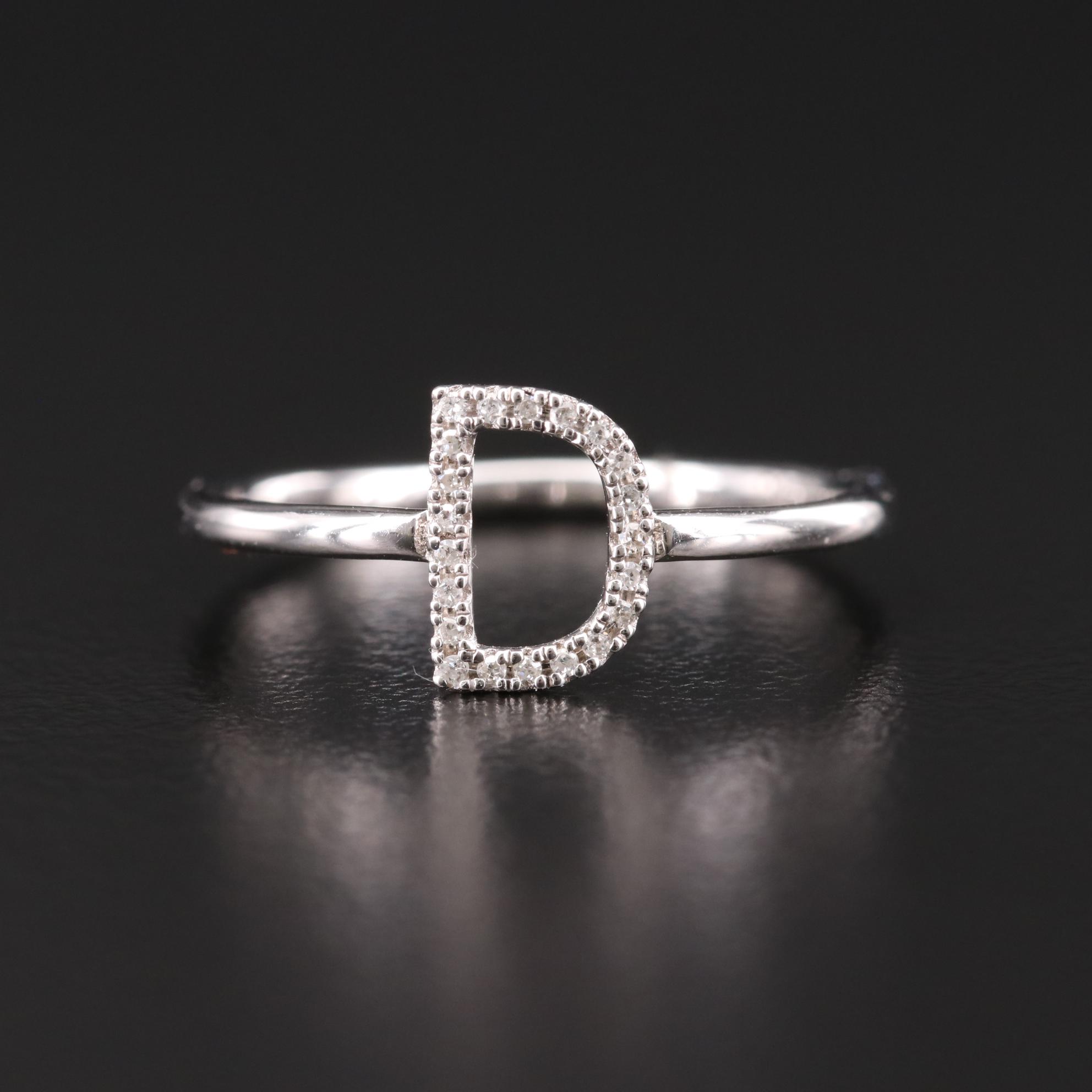 14K White Gold Diamond "D" Initial Ring
