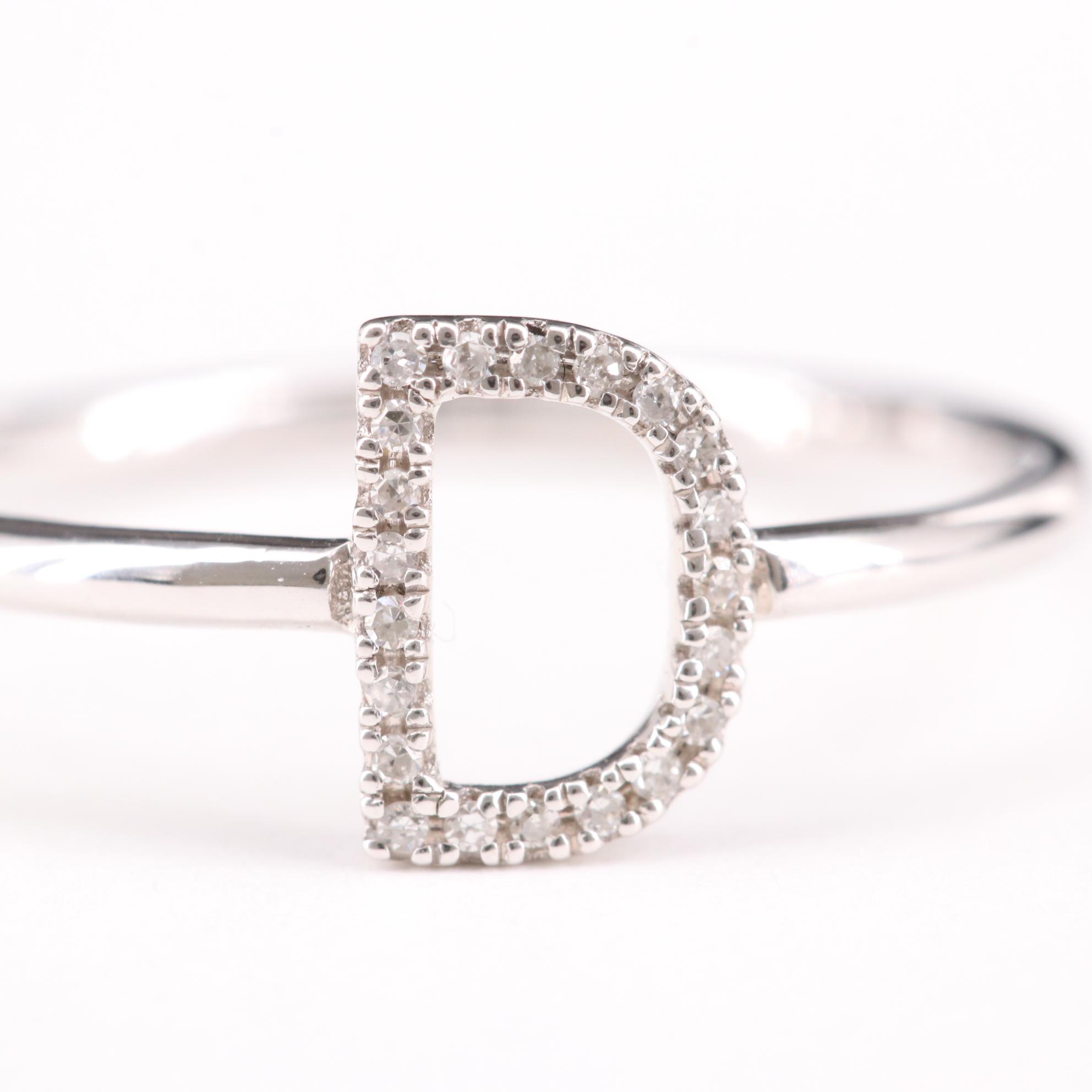14K White Gold Diamond "D" Initial Ring