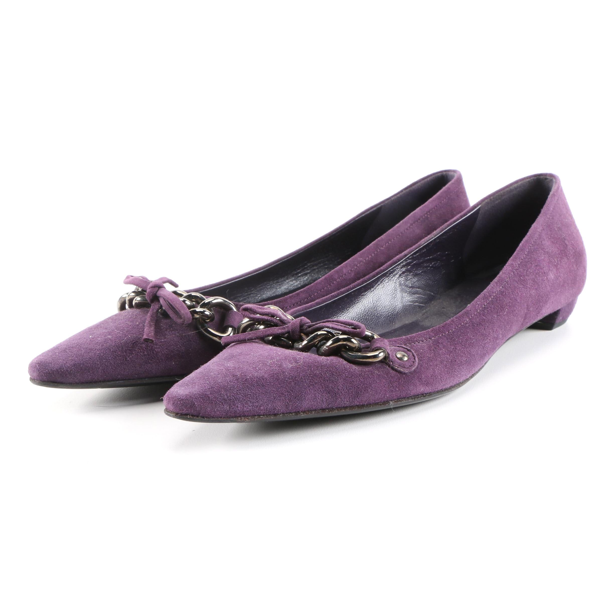 Prada Aubergine Suede Flats with Bow and Chain Link
