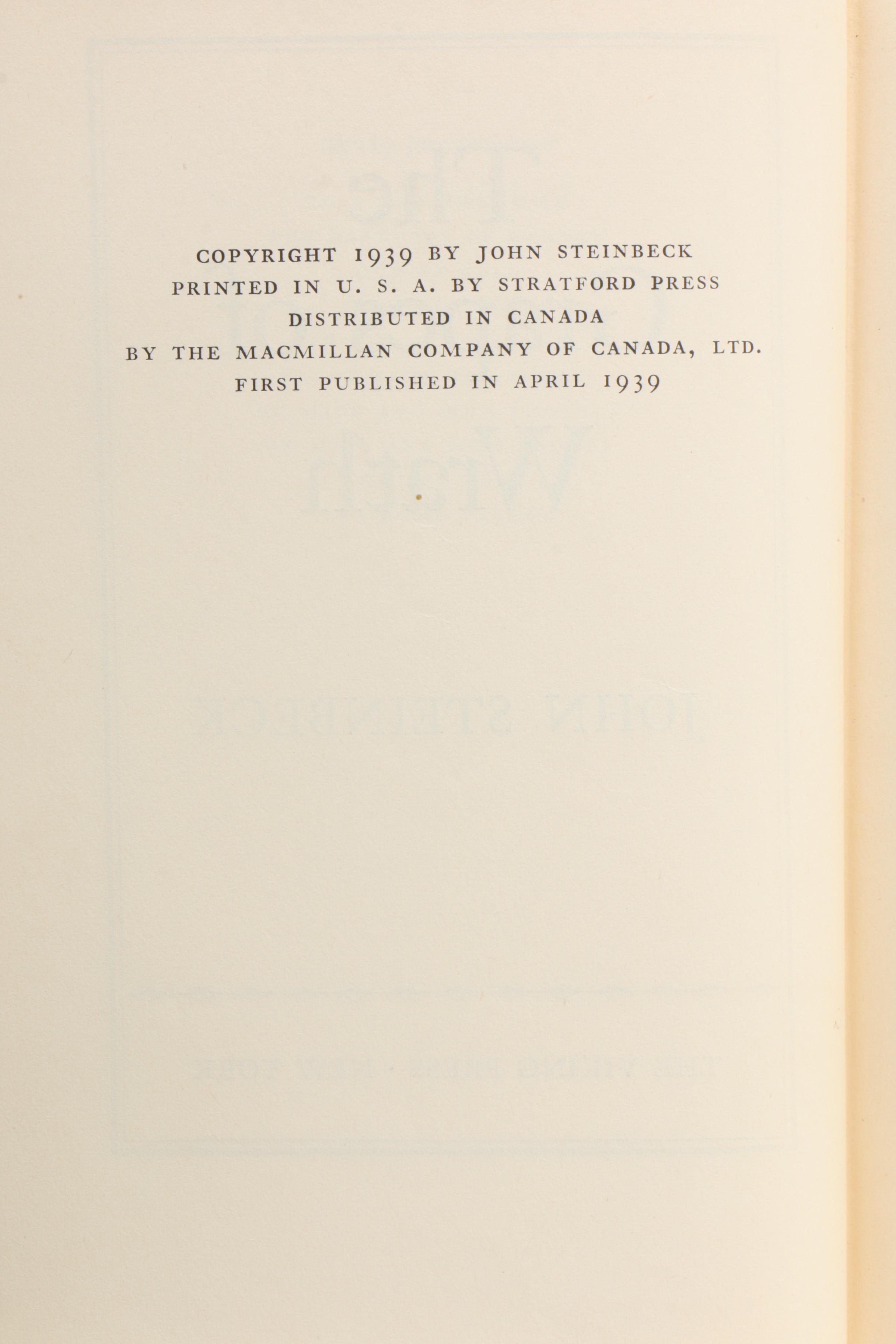 First Edition "The Grapes of Wrath" by Steinbeck with Facsimile Jacket, 1939