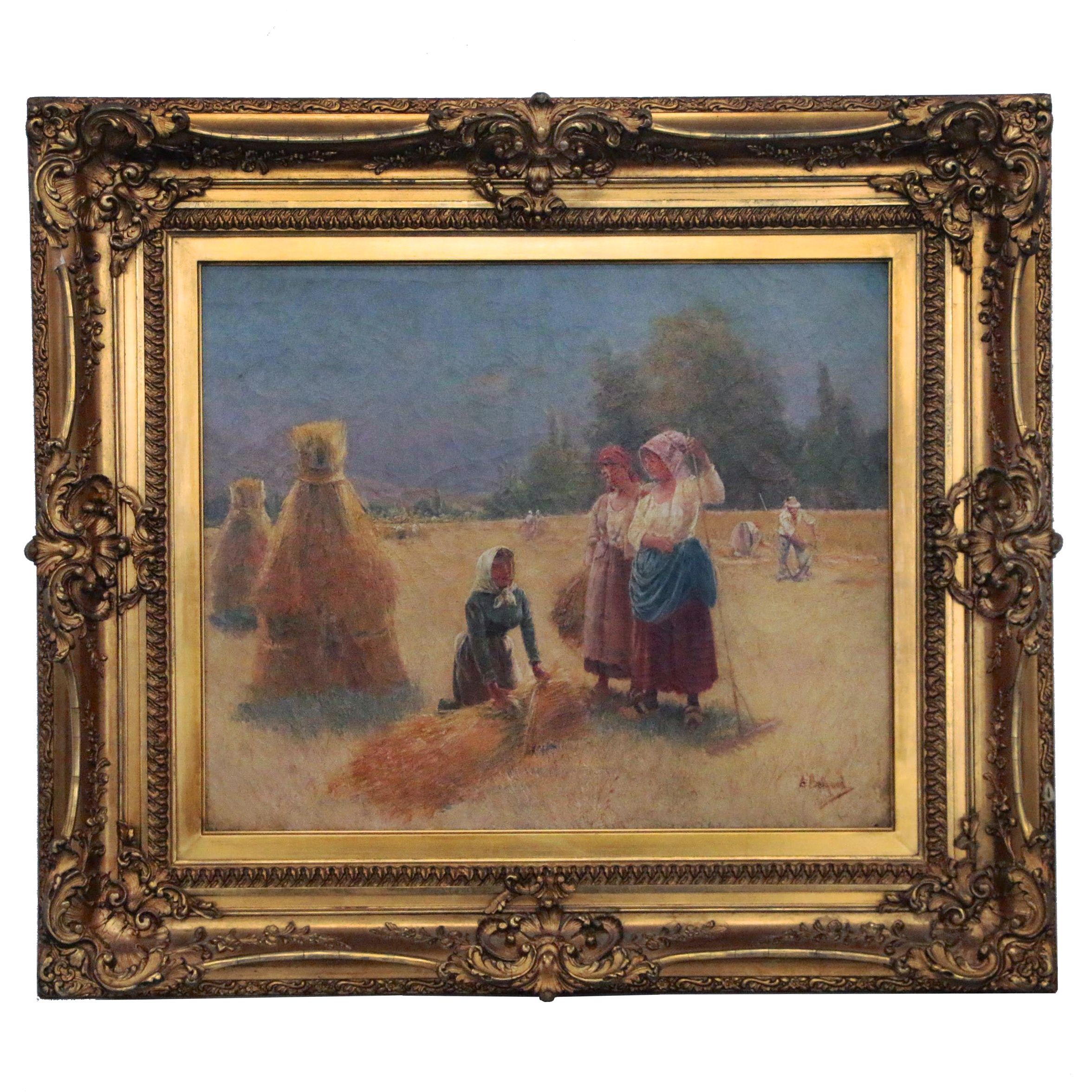 Oil Painting of Women Working in Field, Early 20th Century
