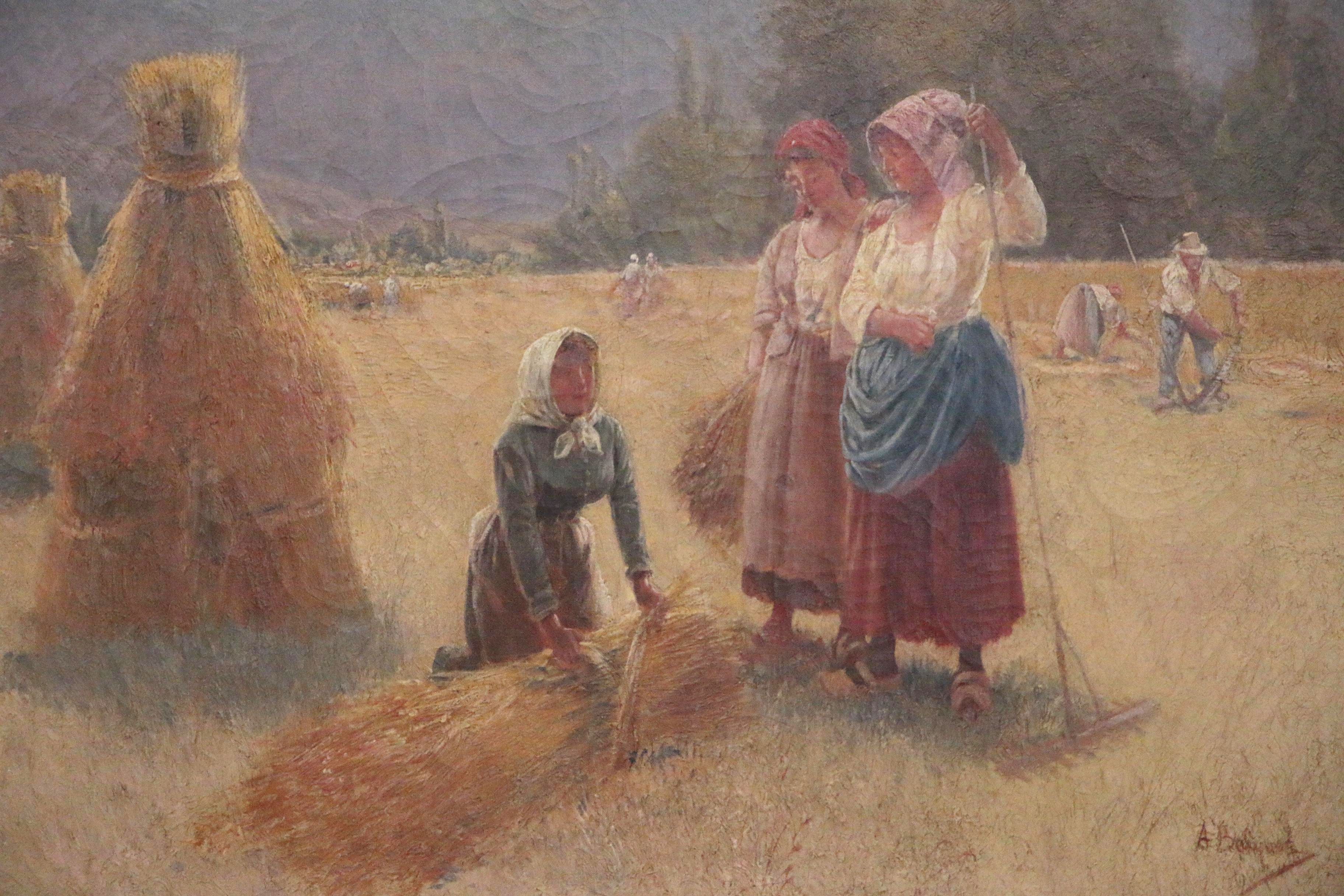 Oil Painting of Women Working in Field, Early 20th Century